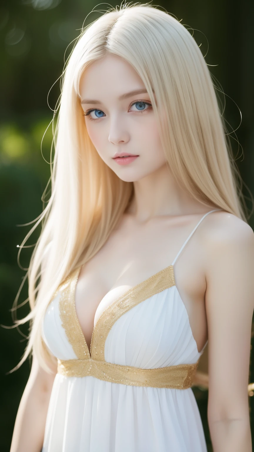 幻想的な空間に佇むbeautiful女性, Tight micro dress in white and gold, 8k, {{masterpiece}}, highest quality, expensive quality:1.4), {{[[Front view}}, eye_touch,Multiple photo poses)]], Very cute face, and very pretty eyes, Cute Images, Cute Images, {{Half Body}}, {{{{{{{{Long legs}}}}}}}}, {{{{Slim and sexy body}}}}, {{{{{{背のexpensive女性}}}}}}, {{Height: 177cm}}, alone, beautiful, Lovely, Adorable, Pale skin, {{18〜22 year old German woman}}, look beautiful German girl and blue eyes or green eyes with platinum blonde hair color), Scandinavian German girl, {{{{{{{{{{Half Girl}}}}}}}}}}, {{{{{{{{{{expensive_Heel}}}}}}}}}},Large Breasts、Cleavage