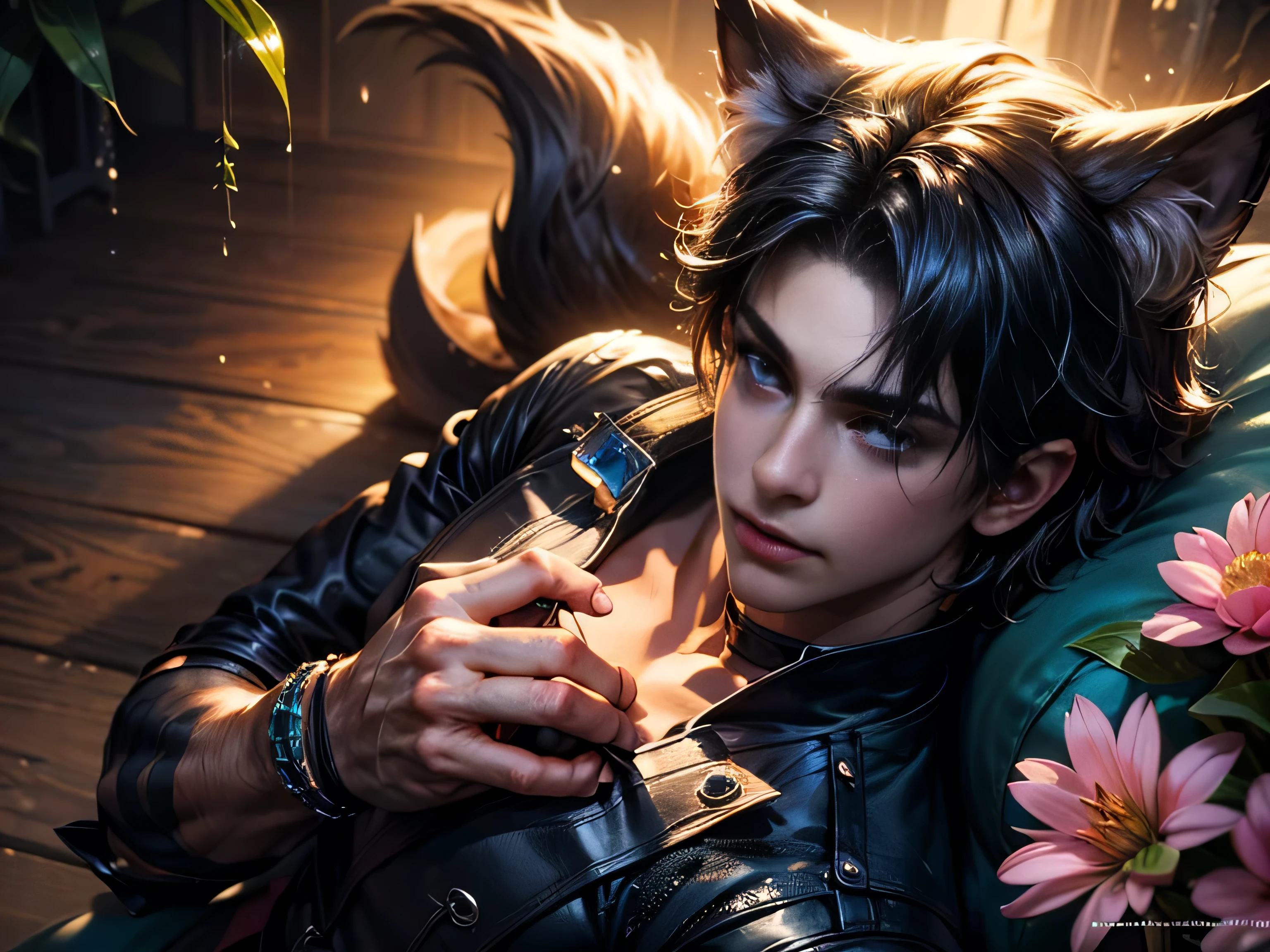 (Best Quality, 8K, Masterpiece, HDR, Soft Lighting, Picture Perfect, Realistic, Vivid), Nine Tails of a Black Fox (1.0), Tail of a Black Fox (1.0), Nine-Tailed Fox, Guy Fox with Black Hair and Blue Suit Sexy open leather suit, naked torso with developed body, beautiful fantasy anime, very handsome and cute fox guy, pink flower rain, background blur, anime fantasy, Gouves style work, realistic: 1.37, top view, lying in pink flowers, horizontal view, (ultra high quality fantasy art), masterpiece, male model, ultra high quality male character design, anime art with 8k development, realistic anime art, highest quality wallpaper illustrations, complex ultra high quality accurate male characters faces, high quality design and accurate physics (super high quality fantasy style)) art, dark fantasy)) Style), masterpieces, super high-quality characters, anime resolution - 8K, realistic anime art, wallpapers with the highest quality illustrations, ultra-high detail of faces, high-quality design and accuracy of physics), color, depth of field, shadows, ray tracing , production of high-quality computer wallpapers and 8K resolution, (Accurate simulation of the interaction of light and materials)], [High-quality hair detail [More about beautiful and shiny red hair]], (Beautifully detailed hands [perfect fingers [Perfect nails]], (perfect anatomy (perfect proportions)))) [[Full-length]], [Perfect combination of colors (Accurate imitation of the interaction of light and material)], [art that conveys the meaning of the story]