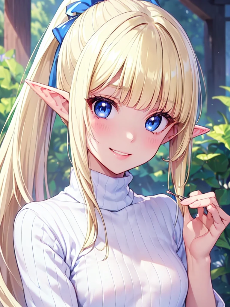 Very close、((Focus on the upper body))、16k、masterpiece、High resolution、High resolution、((1 young elven female))、((Beautiful white skin))、((Beautiful blonde))、((Small breasts))、ponytail、((Beautiful Blue Eyes))、((Pointy Ears))、Smiling Kindly、Grin、blush、Pink Lip Gloss、Shiny skin、((Thin sweater))、Courting Gaze、Courting me