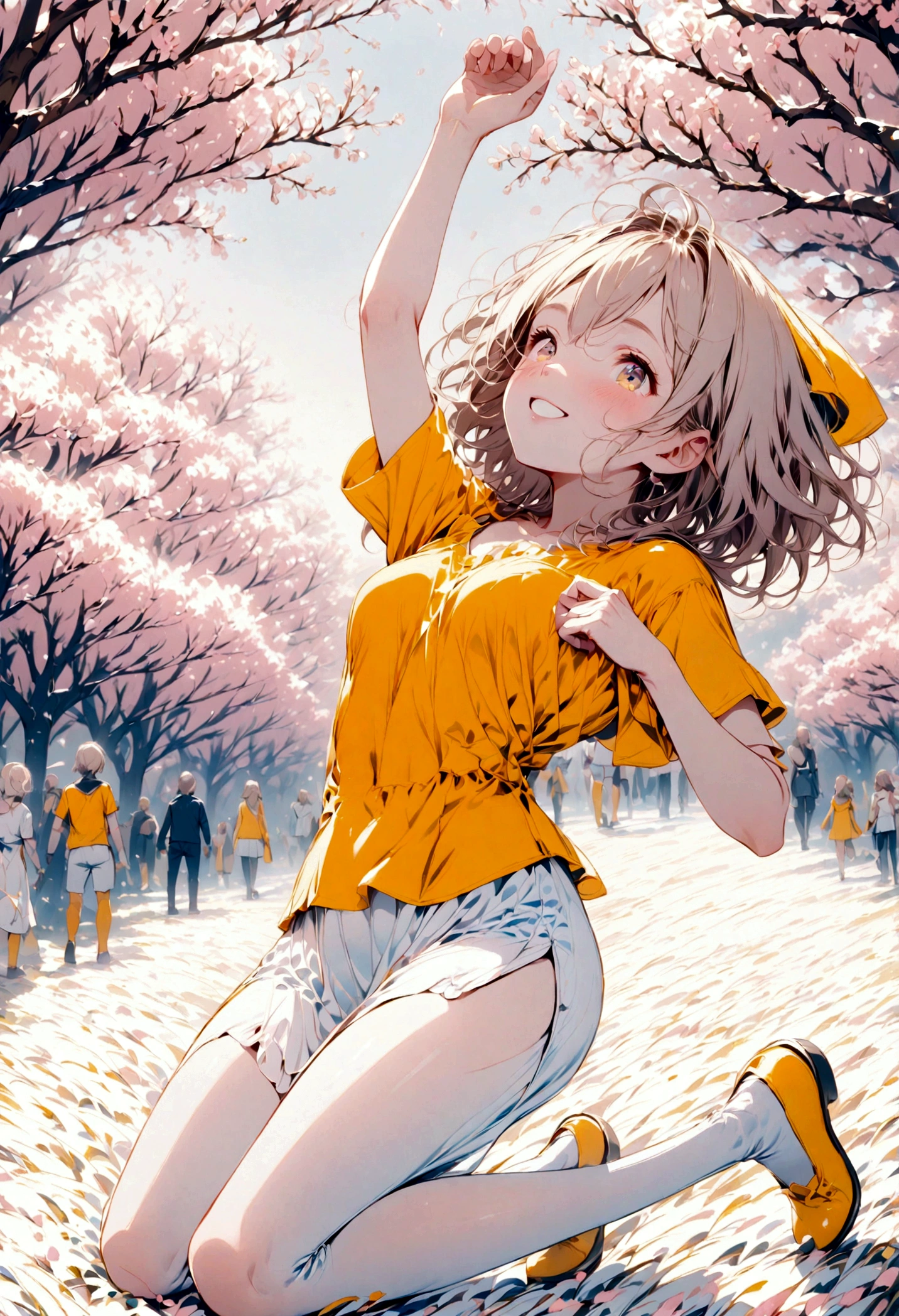A girl with long, straight beige hair in a white dress The background is a pink flower field