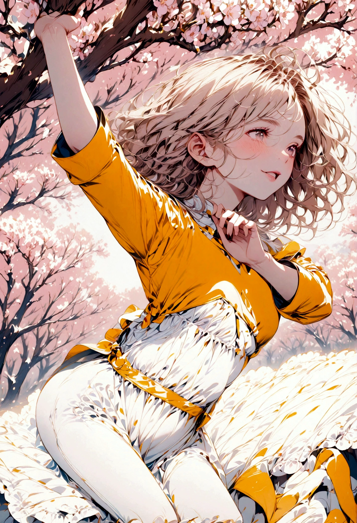 A girl with long, straight beige hair in a white dress The background is a pink flower field