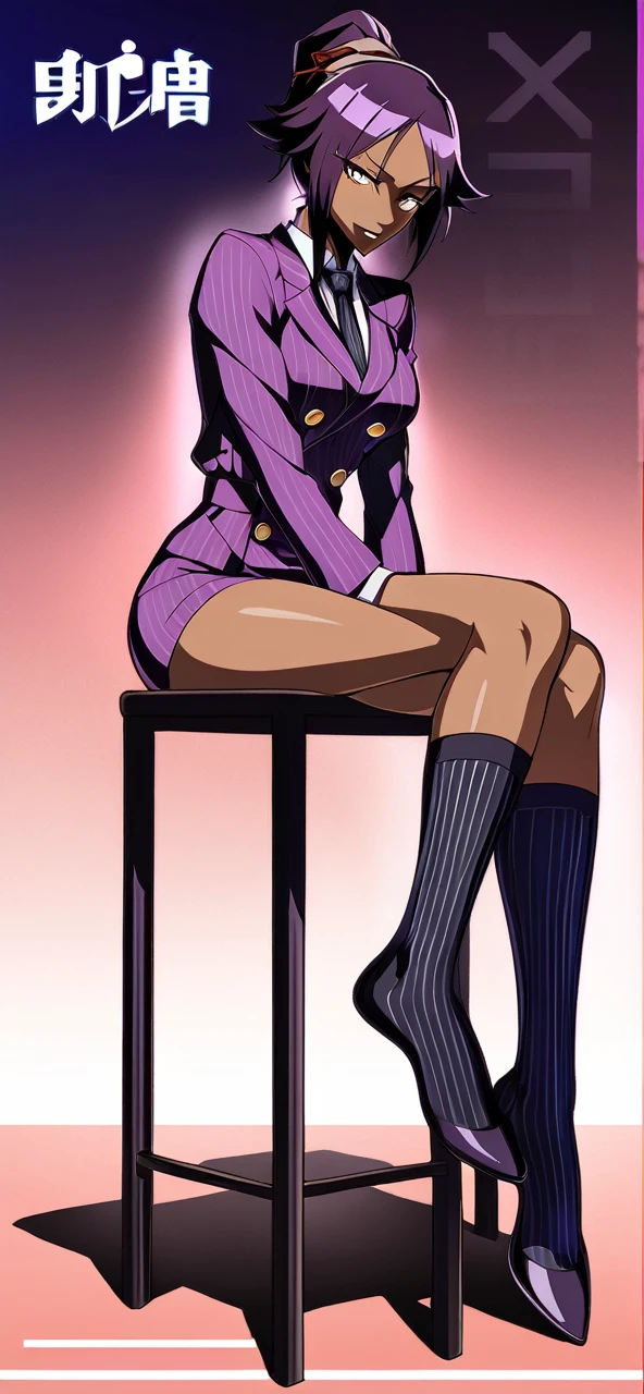 Full body Yoruichi as a thin Black business woman in a double breasted pinstripe purple skirt suit while wearing a tie with a very long purple pinstripe skirt that covers the legs and with long black knee socks full art and make her sit down also give her thin legs and purple heels