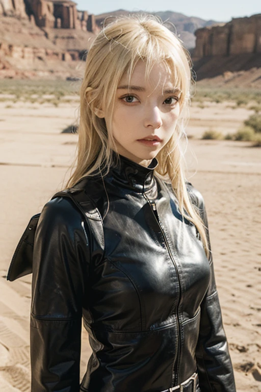 girl, Leather Fashion, Bondage, Blonde, Platinum Blonde, 
Mad Max風の衣装コスプレ, skinny, slender,
 Exposed leather, 黒茶色のBondageレザー, 
Dry Moorland, sunshine, Outdoor, オーストラリアのdesert, desert, 
Dirty and worn-out modified car, Mad Max, 
ボロボロのBondage, Dirty Leather, 破れたBondage, 
