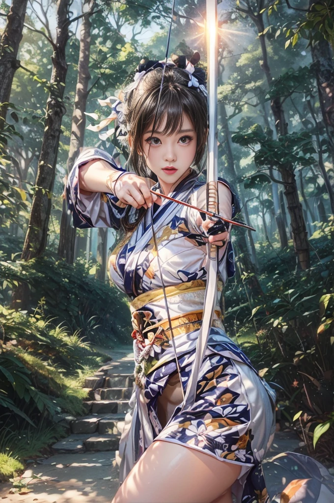 He is aiming his bow at me.、I'm staring at me、Thighs exposed、The skin on the thighs is visible、The thighs are white in the light、Shooting an arrow with a bow、White thighs、The thighs have translucent skin、The kimono is mini length、The kimono is short、