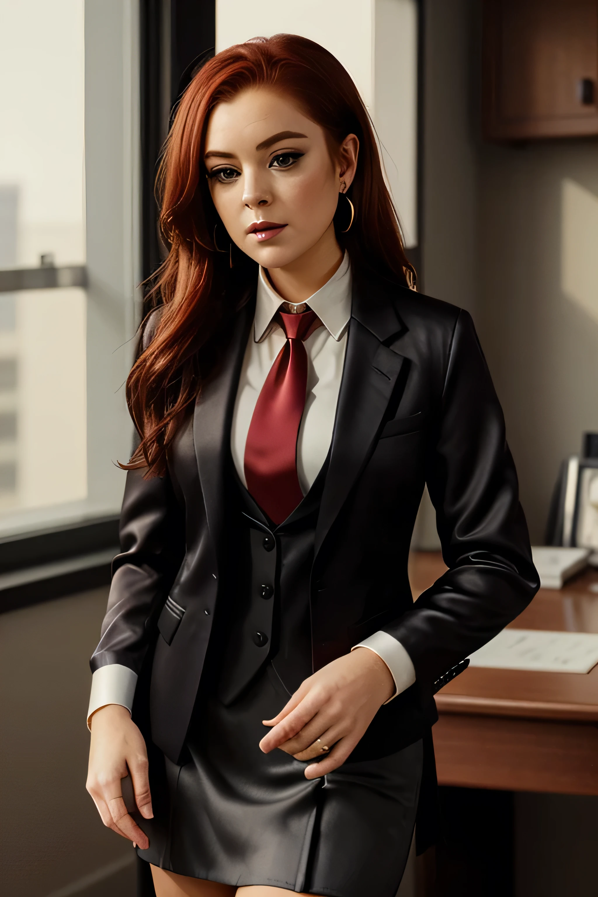 ,photo of a woman,  , perfect hair, beautiful perfect skin, ((busy office)), (modern photo, necktie, shirt), 24mm, (analog, cinematic, film grain:1.3), , detailed eyes, (upper body), (looking at viewer), earrings, (eyeliner, eyelashes) lindsaylohan, ((dark red hair)),  (((skirt suit))), (((three-piece suit))), (((silk necktie))), windsor necktie, (((dress shirt))), (((blazer))), (((suit jacket))), (((waistcoat))), bodycon miniskirt, pencil skirt, tie clip, pocket watch, pocket square, cufflinks, solo focus, fully clothed, smartly dressed,