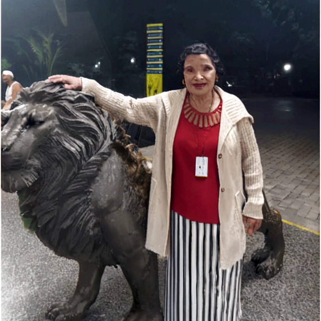 A 75-year-old woman in a paquet, with her hand on top of a lion's head