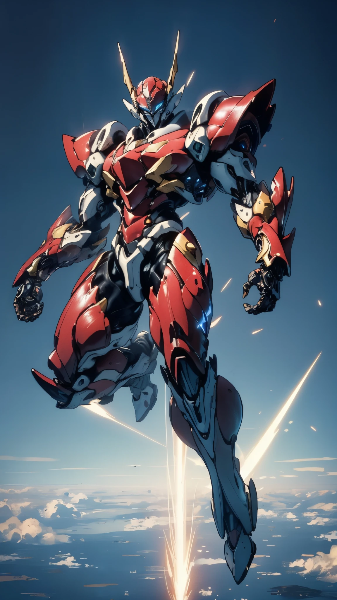 Humanoid Mecha, fully enclosed shoulder guards, matching arm and leg guards, full body, full armor, the design balances heavy with agility, (the color scheme is primarily white with red and blue accents, the concept Inspired by Super robot, organic biotech armor, standing, floating high above the futuristic sci-fi city), exquisite and mature art style, (aura effect, energy, glowing eyes, the armor glows), ((SRS)), metallic, dynamic, dramatic, high definition, best quality, highres, ultra-detailed, ultra-fine painting, extremely delicate, professional, perfect body proportions, anatomically correct, symmetrical face, extremely detailed eyes and face, high quality eyes, creativity, RAW photo, UHD, 32k, Natural light, cinematic lighting, masterpiece-anatomy-perfect, masterpiece:1.5