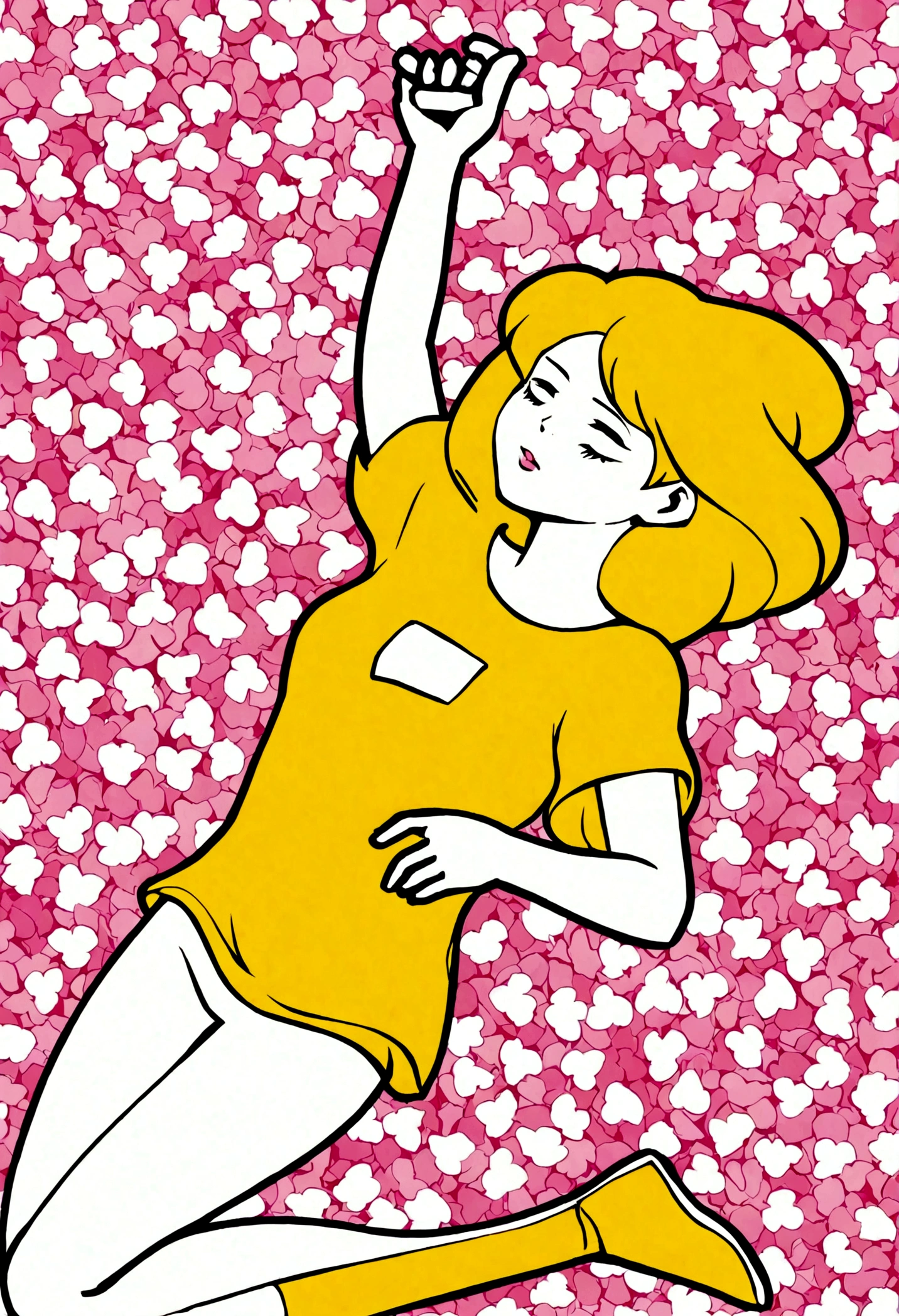 A girl with long, straight beige hair in a white dress The background is a pink flower field