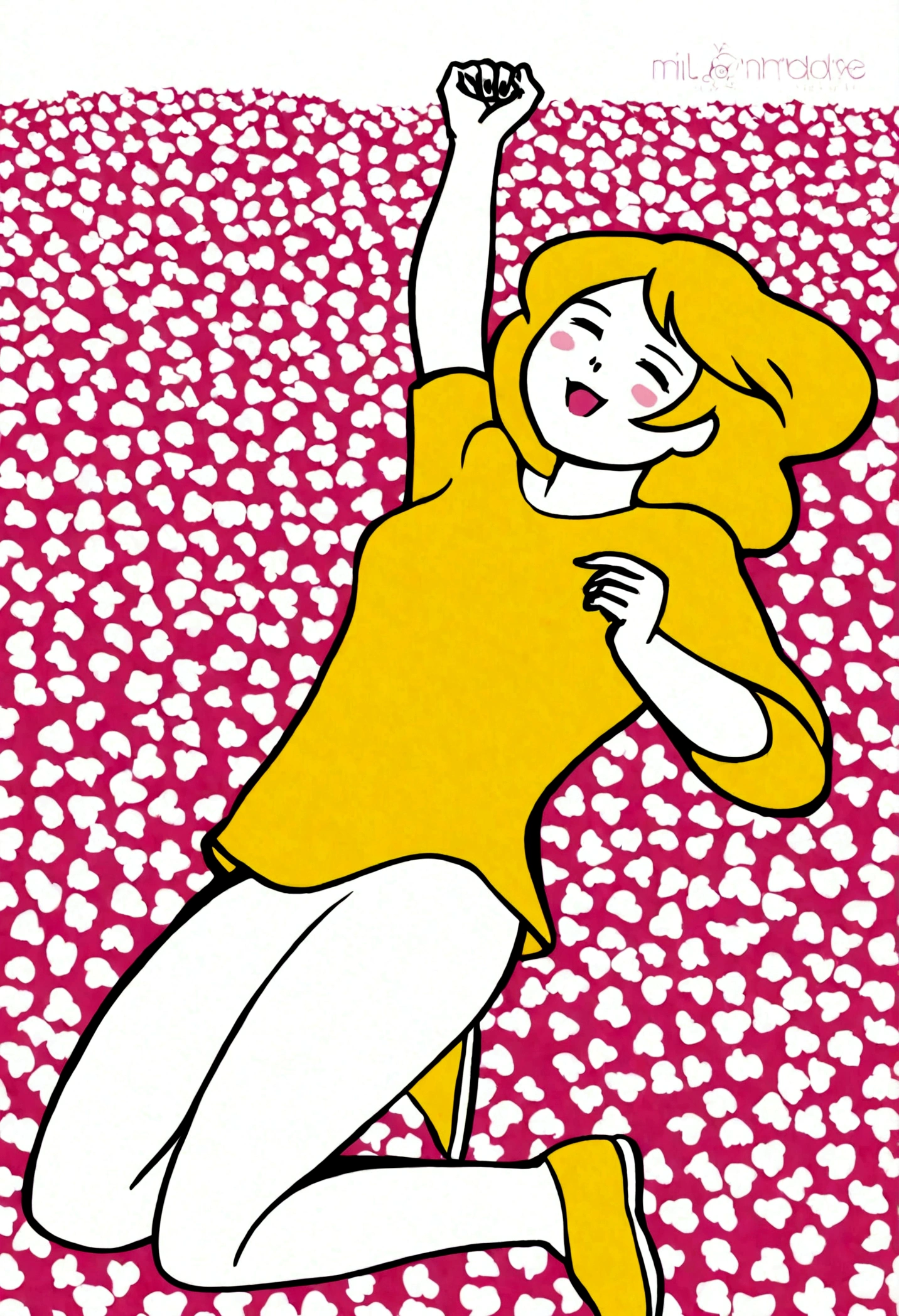 A girl with long, straight beige hair in a white dress　The background is a pink flower field