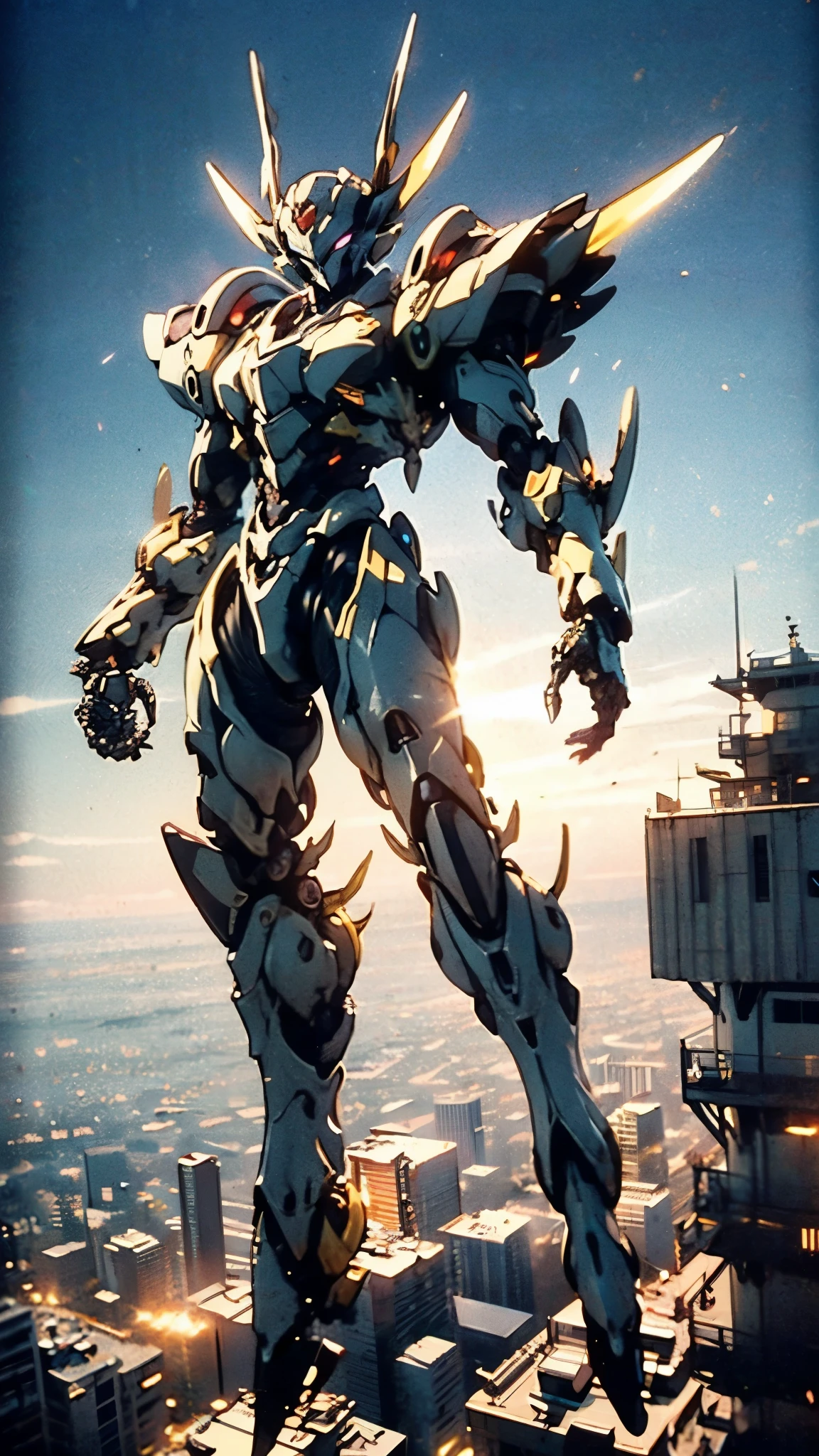 Humanoid Mecha, fully enclosed shoulder guards, matching arm and leg guards, full body, full armor, the design balances heavy with agility, (the color scheme is primarily white with red and blue accents, the concept Inspired by Super robot, organic biotech armor, standing, floating high above the futuristic sci-fi city), exquisite and mature art style, (aura effect, energy, glowing eyes, the armor glows), ((SRS)), metallic, dynamic, dramatic, high definition, best quality, highres, ultra-detailed, ultra-fine painting, extremely delicate, professional, perfect body proportions, anatomically correct, symmetrical face, extremely detailed eyes and face, high quality eyes, creativity, RAW photo, UHD, 32k, Natural light, cinematic lighting, masterpiece-anatomy-perfect, masterpiece:1.5