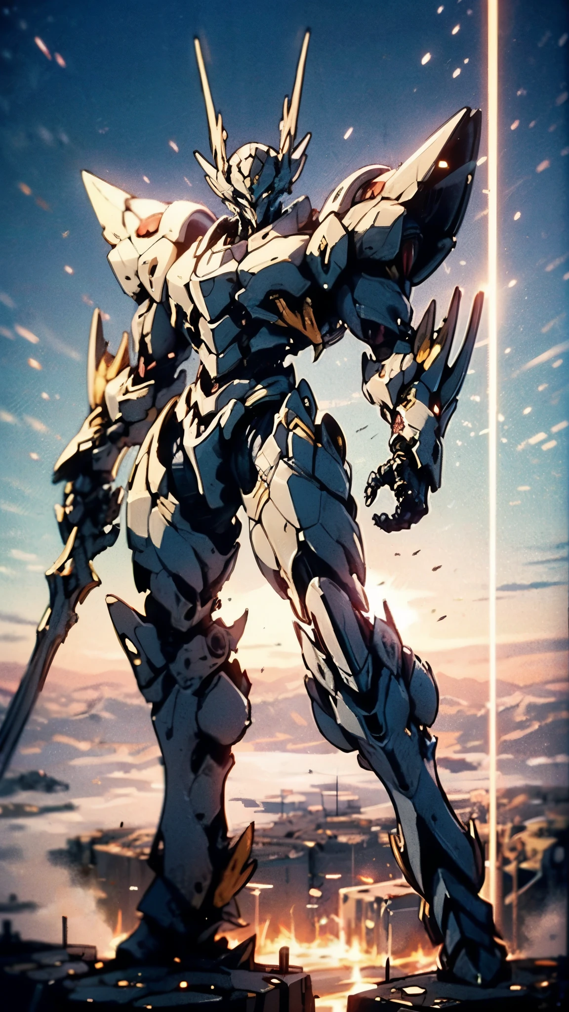 Humanoid Mecha, fully enclosed shoulder guards, matching arm and leg guards, full body, full armor, the design balances heavy with agility, (the color scheme is primarily white with red and blue accents, the concept Inspired by Super robot, organic biotech armor, standing, floating high above the futuristic sci-fi city), exquisite and mature art style, (aura effect, energy, glowing eyes, the armor glows), ((SRS)), metallic, dynamic, dramatic, high definition, best quality, highres, ultra-detailed, ultra-fine painting, extremely delicate, professional, perfect body proportions, anatomically correct, symmetrical face, extremely detailed eyes and face, high quality eyes, creativity, RAW photo, UHD, 32k, Natural light, cinematic lighting, masterpiece-anatomy-perfect, masterpiece:1.5