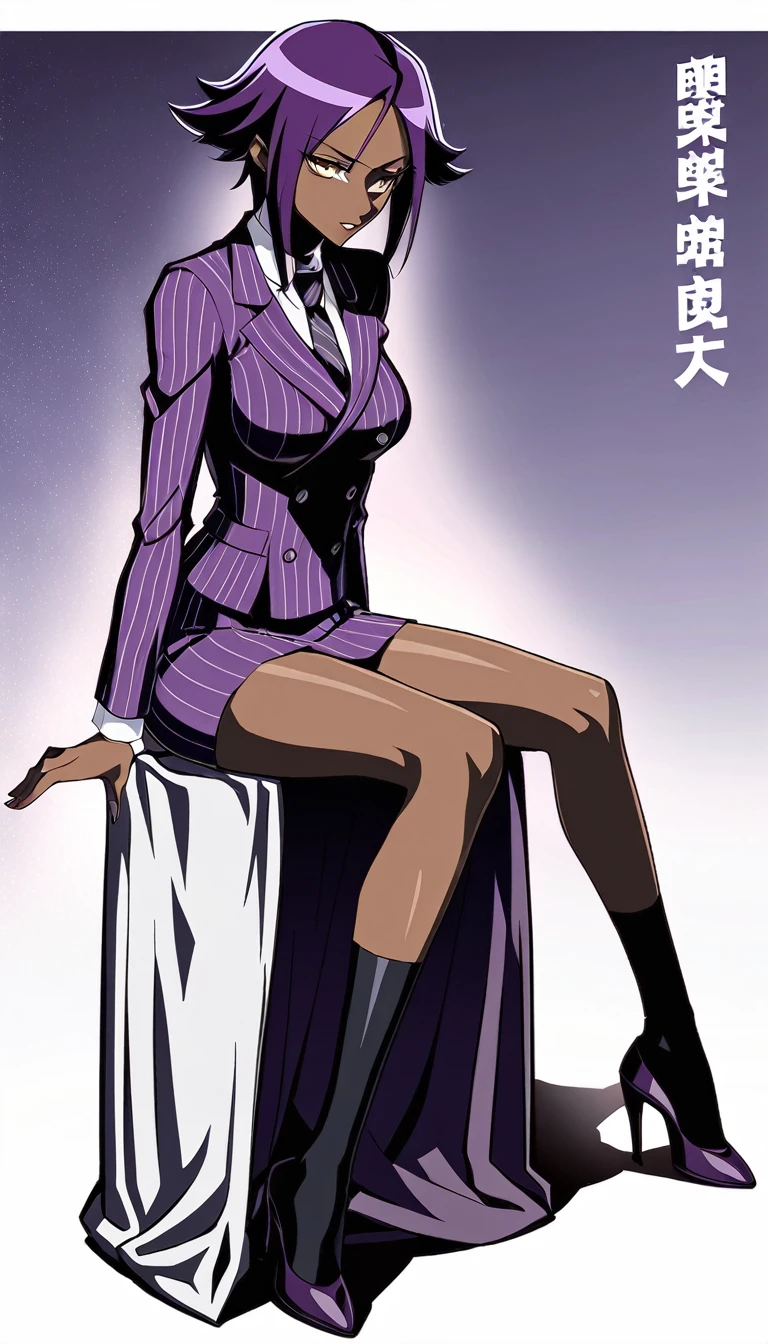  Full body Yoruichi as a thin Black business woman in a double breasted pinstripe purple  skirt suit while wearing a tie with a very long purple pinstripe skirt that covers the legs and with long black knee socks full art and make her sit down also give her thin legs and purple heels