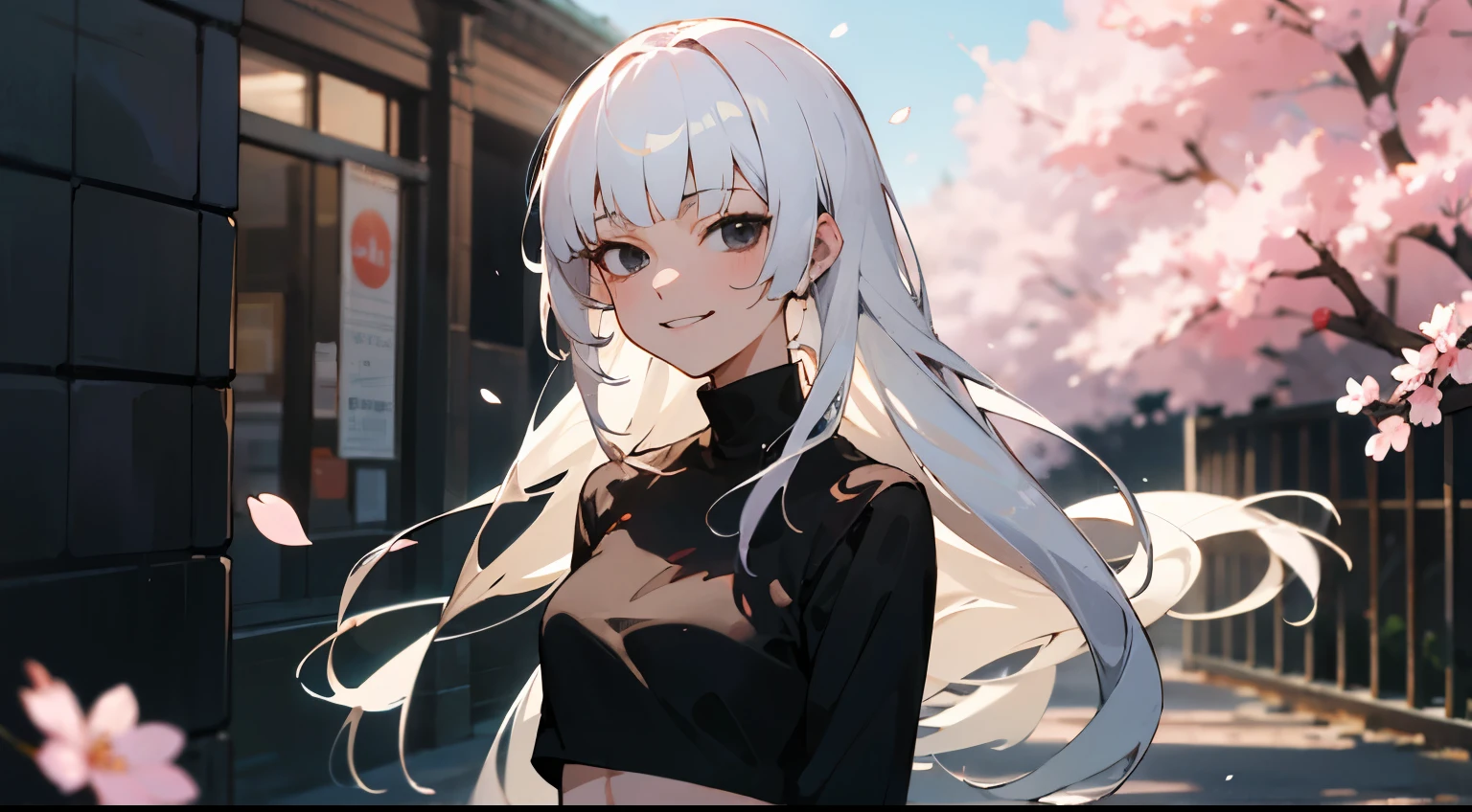 masterpiece, best quality, best quality, masterpiece, highres, anime style, girl design, portrait, anime image, 20 year old woman, long white hair, bar bangs, black eyes, smirking, black turtle neck crop top, black jeans, white cherry blossoms, alleyway