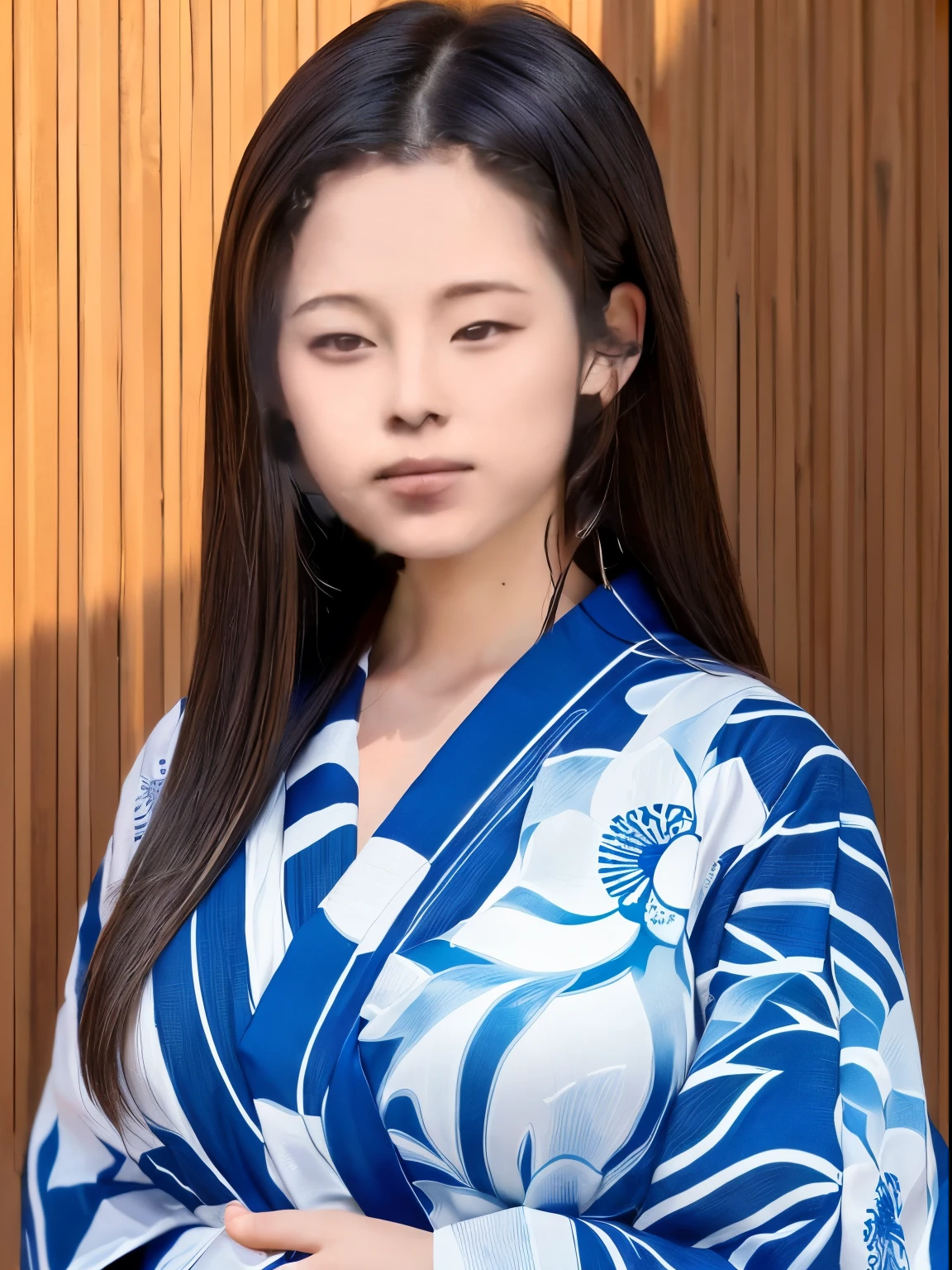 A simple yukata for women with large bustonochromatic wood grain background、Flowing dry hair、Straight hair、Natural hair flow、breeze