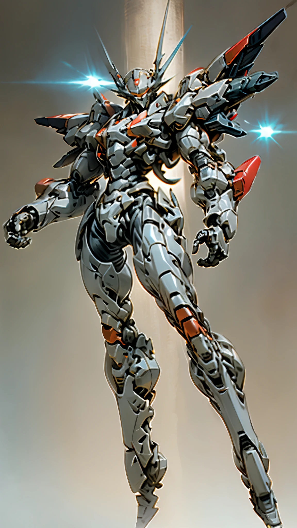 Humanoid Mecha, fully enclosed shoulder guards, matching arm and leg guards, full body, full armor, the design balances heavy with agility, (the color scheme is primarily white with red and blue accents, the concept Inspired by Super robot, organic biotech armor, standing, floating high above the futuristic sci-fi city), exquisite and mature art style, (aura effect, energy, glowing eyes, the armor glows), ((SRS)), metallic, dynamic, dramatic, high definition, best quality, highres, ultra-detailed, ultra-fine painting, extremely delicate, professional, perfect body proportions, anatomically correct, symmetrical face, extremely detailed eyes and face, high quality eyes, creativity, RAW photo, UHD, 32k, Natural light, cinematic lighting, masterpiece-anatomy-perfect, masterpiece:1.5