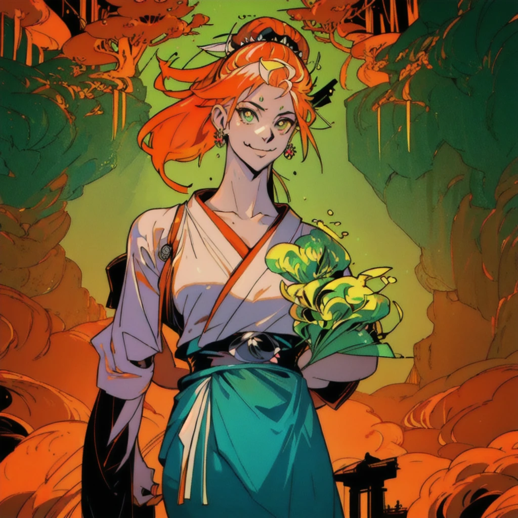 (best quality, masterpiece), chiaroscuro:(1.5,bright light:1.2,luminous lighting), (background blur:1),blurring, (Fuji color:1,5), film grain
1girl, 26 years old, androgynous, attached ginger hair with kanzashi, vibrant orange eyes, orange themed clothes, wearing an orange japanese yukata, green japanese belt, round earrings
looking at viewer, calm attitude, slightly smiling, elegant
particles, wind, flowers, upper body, green themed japanese traditional garden background including lots of mikan trees, lots of sakura trees, lots of japanese maple, lots of bonsai trees
Hades style, KeiraWorks style, Miyazaki style,
High contrast, night, candle