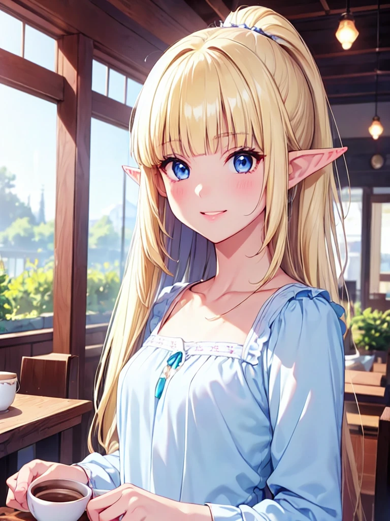 Very close、((Focus on the upper body))、16k、masterpiece、High resolution、High resolution、((1 young elven female))、((Beautiful white skin))、((Beautiful blonde))、((Small breasts))、ponytail、((Beautiful Blue Eyes))、((Pointy Ears))、Smiling Kindly、Grin、blush、Pink Lip Gloss、Shiny skin、((Cute blouse))、、((Inside a retro coffee shop))、Courting Gaze、Courting me