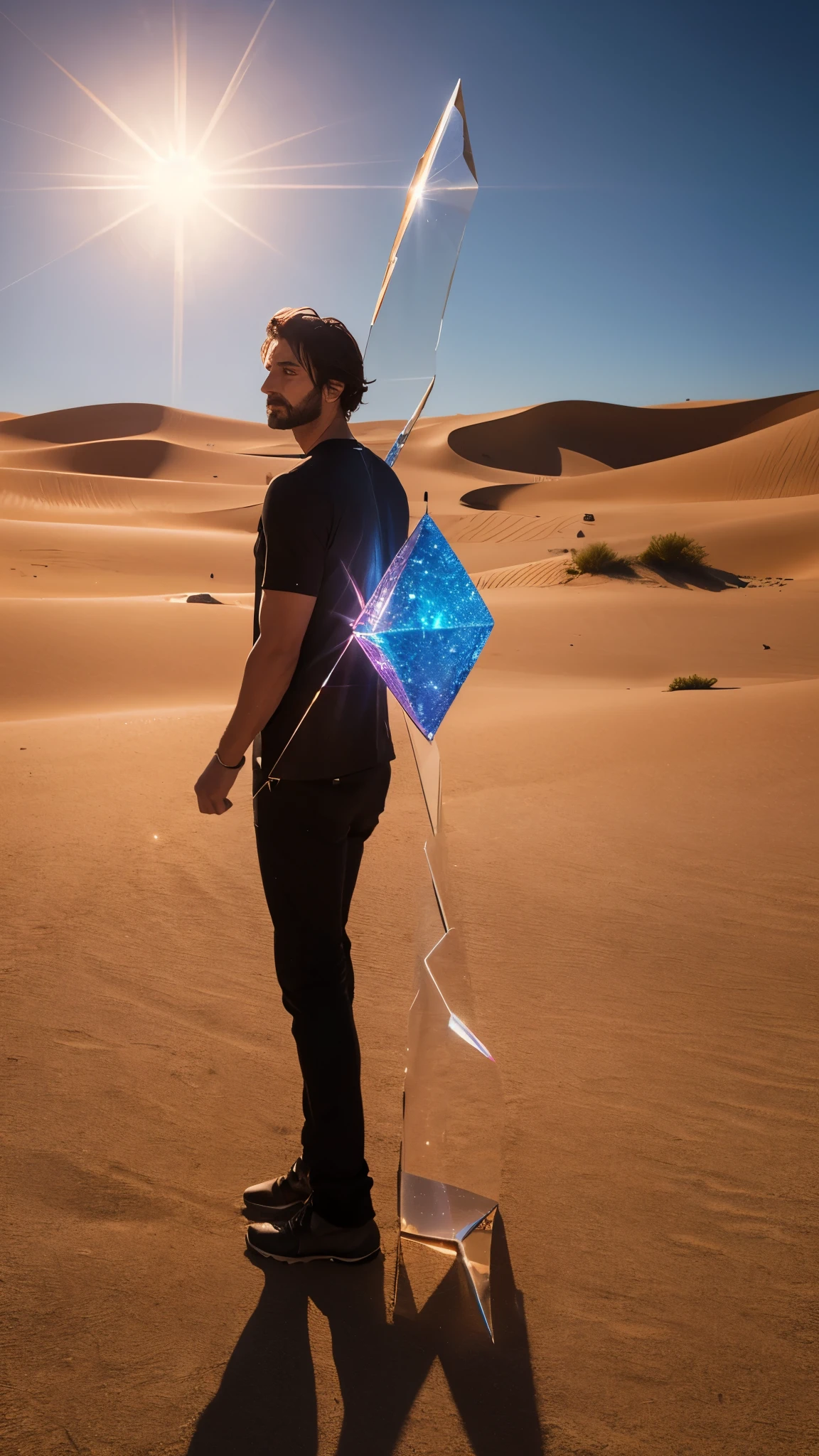 A man is standing in the desert holding a large object, Lots of glass. CGSociety, Magic crystals, Movie stills, Inspired by Louis-Mathieu Verdillan, Trance DJ album art, crack, triangle Debris, Cinematic Lens Flare, connection, [ Debris, 4 dimensions