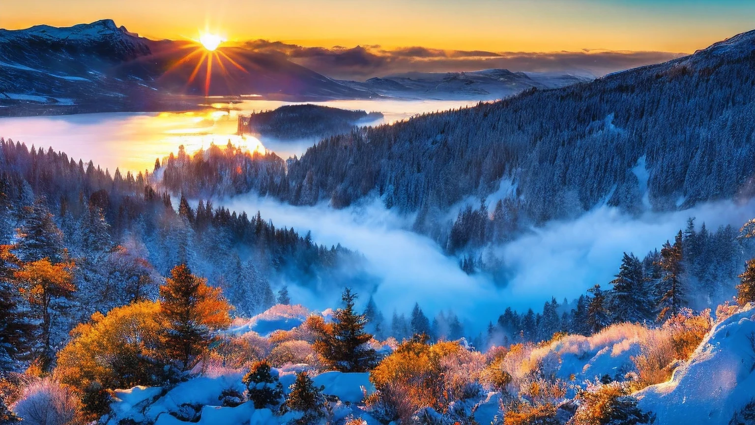 A Norwegian foggy Fjord in the winter, sunset, snowy mountains in the background, fog, pair, coming from blue hot water, The water is blue, snow, ice everywhere, magical forest, mystical, (Nordic Gods mystical vibes:1.2), Watering can SL2 + Leica Vario-Elmarit-SL 24-70 f/2.8 ASF , 16K, ultra high resolution.Photorealistic, UHD, masterpiece, RAW, kinematics,HDR,High Definition Image,incredibly realistic Norwegian landscape,