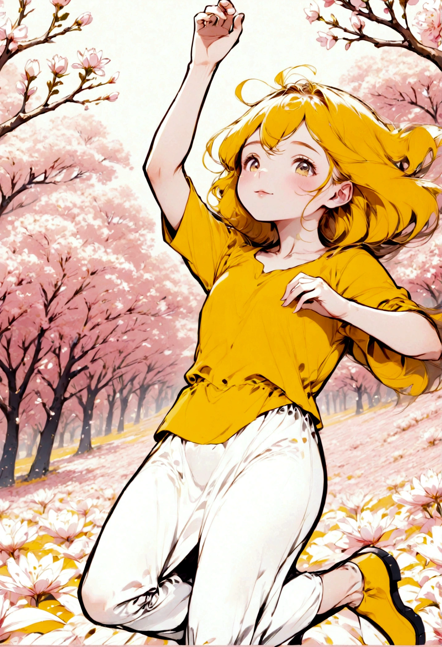 A goddess with long, straight beige hair in a white dress　The background is a pink flower field
