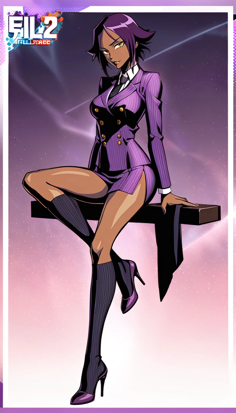 Full body Yoruichi as a thin Black business woman in a double breasted pinstripe purple skirt suit while wearing a tie with a very long purple pinstripe skirt that covers the legs and with long black knee socks full art and make her sit down also give her thin legs and purple heels