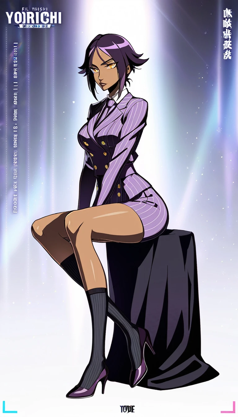 Full body Yoruichi as a thin Black business woman in a double breasted pinstripe purple skirt suit while wearing a tie with a very long purple pinstripe skirt that covers the legs and with long black knee socks full art and make her sit down also give her thin legs and purple heels