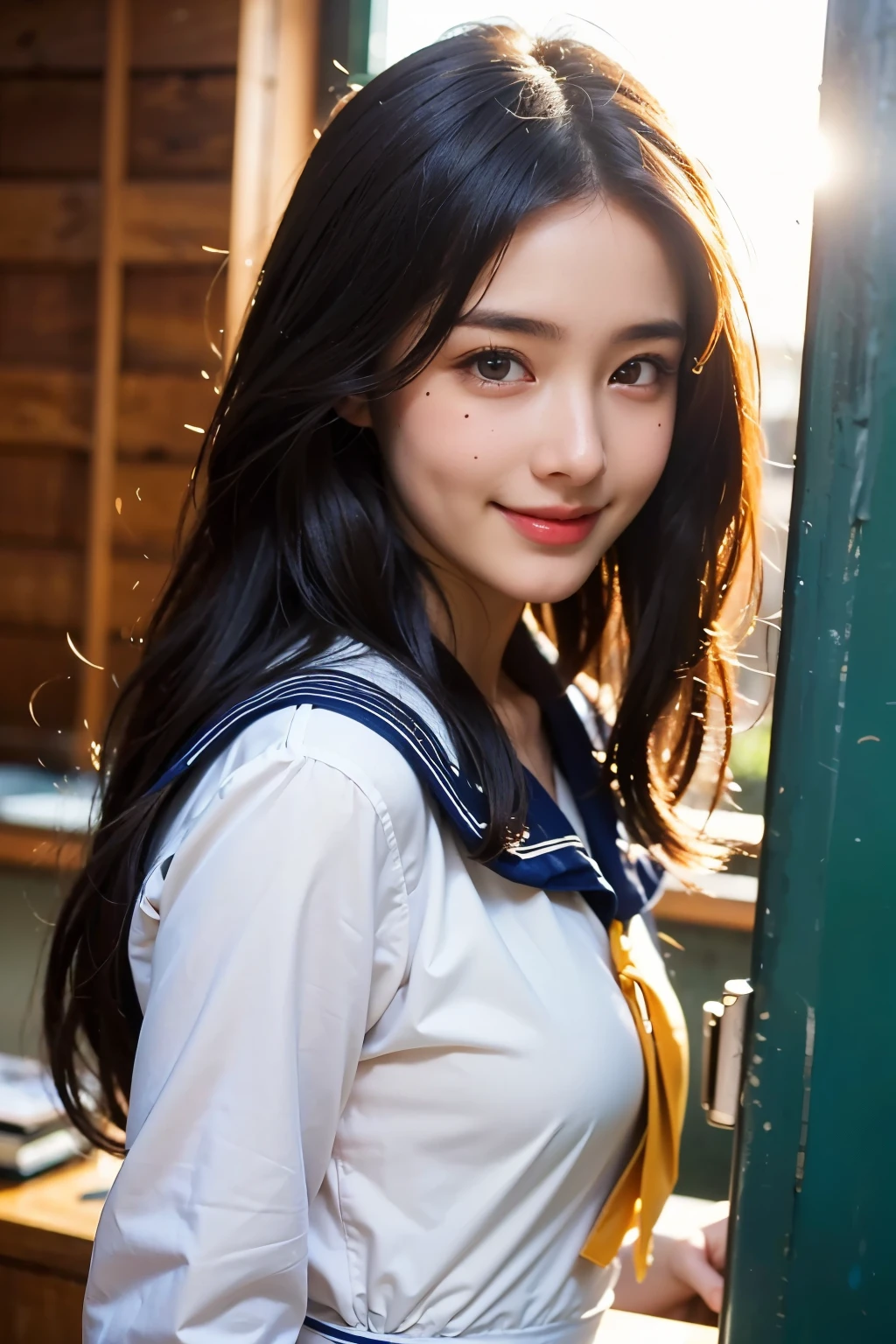 ((8k, highest quality, masterpiece、Realistic、Ultra-high resolution))、((Japanese women))、((Black long hair))、(Small breasts)、((thin thin eyebrows))、(((A mole in the corner of the eye)))、((Face is golden ratio))、smile、Town、((Beautiful Face))、Beautiful Eyes、Delicate face、、Toned waist、(Sailor suit)、((school uniform))、School bag、Upper Body