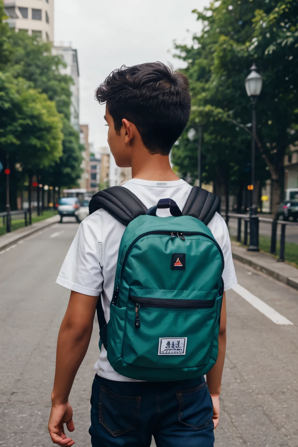 Full image cartoon boy carrying a backpack and a rucksack on his back