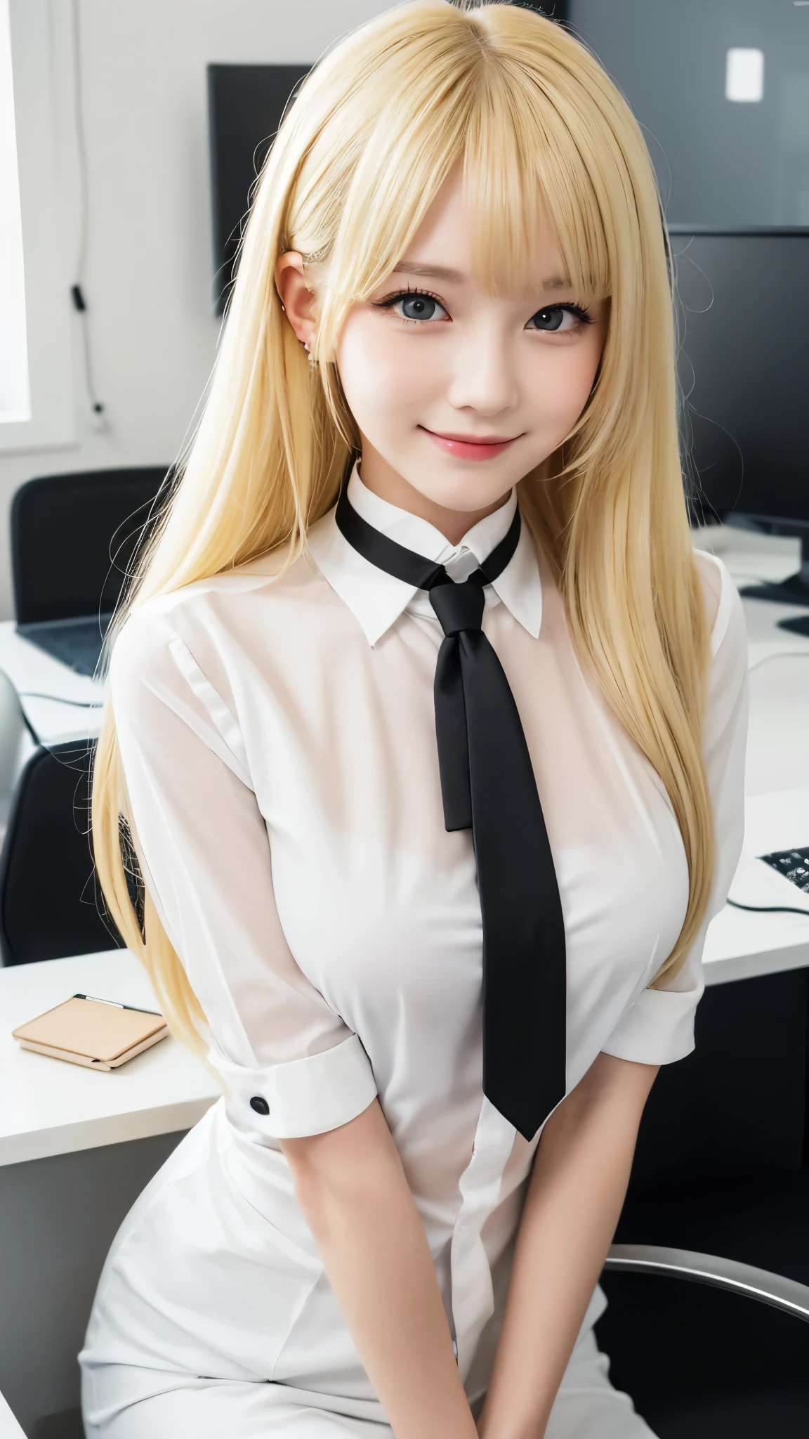 Browsing Caution, masterpiece, (highest quality:1.2), (Sharp focus:1.2),, 1 girl, Slim girl,, (blonde|Light_Yellow Hair), Cat ear,, Detailed face, young|Cute Face, blush, Wicked Smile,, Natural Breasts, Thin arms,, White collared shirt and black tie, Black choker,, In a modern office, indoor