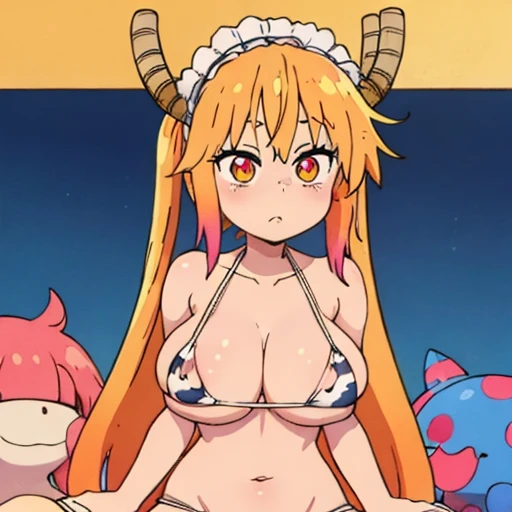 Tohru, ojos detallado, pechos grandes rebotando, cuerpo completo, pechos enormes y suaves, pezones ricos, Outfit_CowprintBikini, paizuri on lap