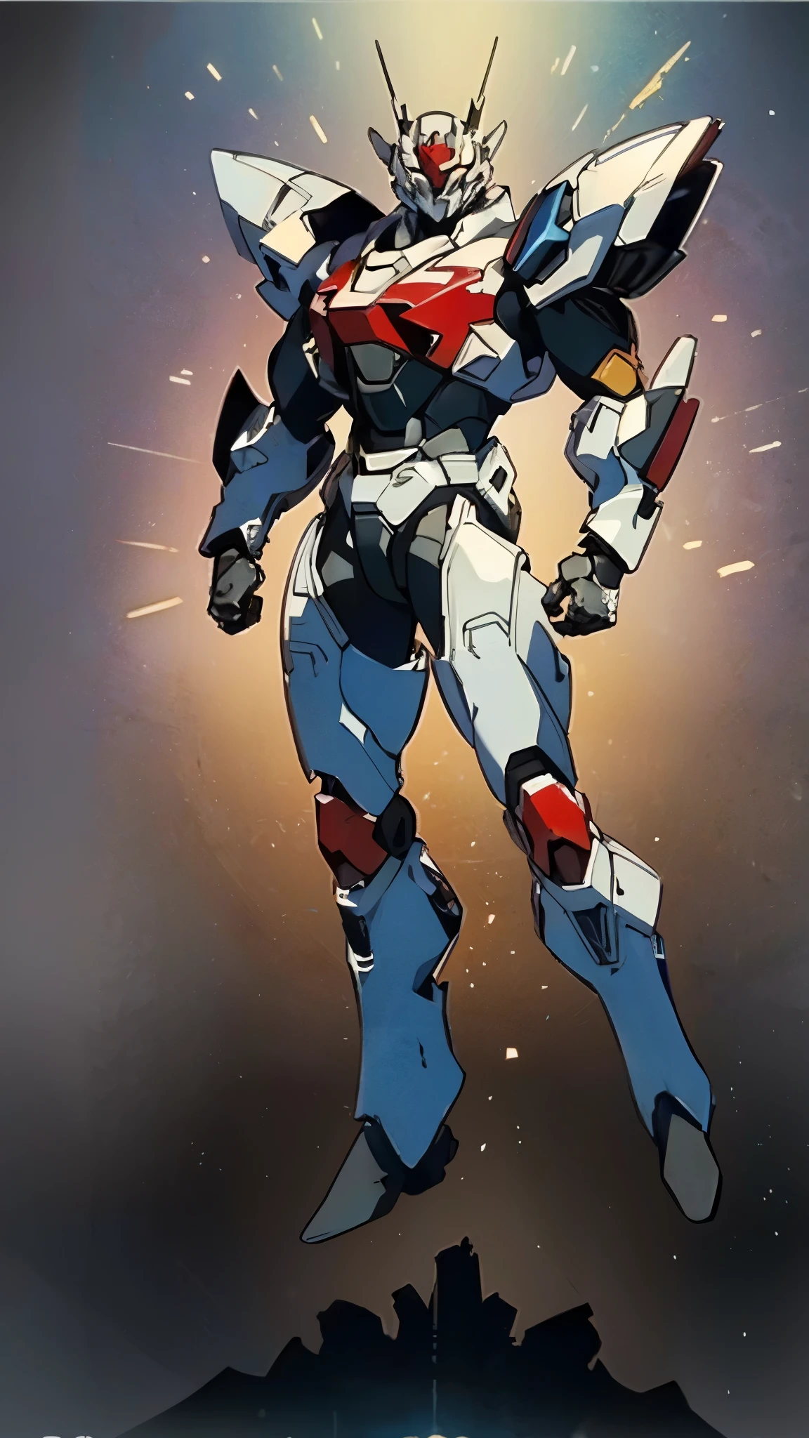 Humanoid Mecha, fully enclosed shoulder guards, matching arm and leg guards, full body, full armor, the design balances heavy with agility, (the color scheme is primarily white with red and blue accents, the concept Inspired by Super robot, organic biotech armor, standing, floating high above the futuristic sci-fi city), exquisite and mature art style, (aura effect, energy, glowing eyes, the armor glows), ((SRS)), metallic, dynamic, dramatic, high definition, best quality, highres, ultra-detailed, ultra-fine painting, extremely delicate, professional, perfect body proportions, anatomically correct, symmetrical face, extremely detailed eyes and face, high quality eyes, creativity, RAW photo, UHD, 32k, Natural light, cinematic lighting, masterpiece-anatomy-perfect, masterpiece:1.5