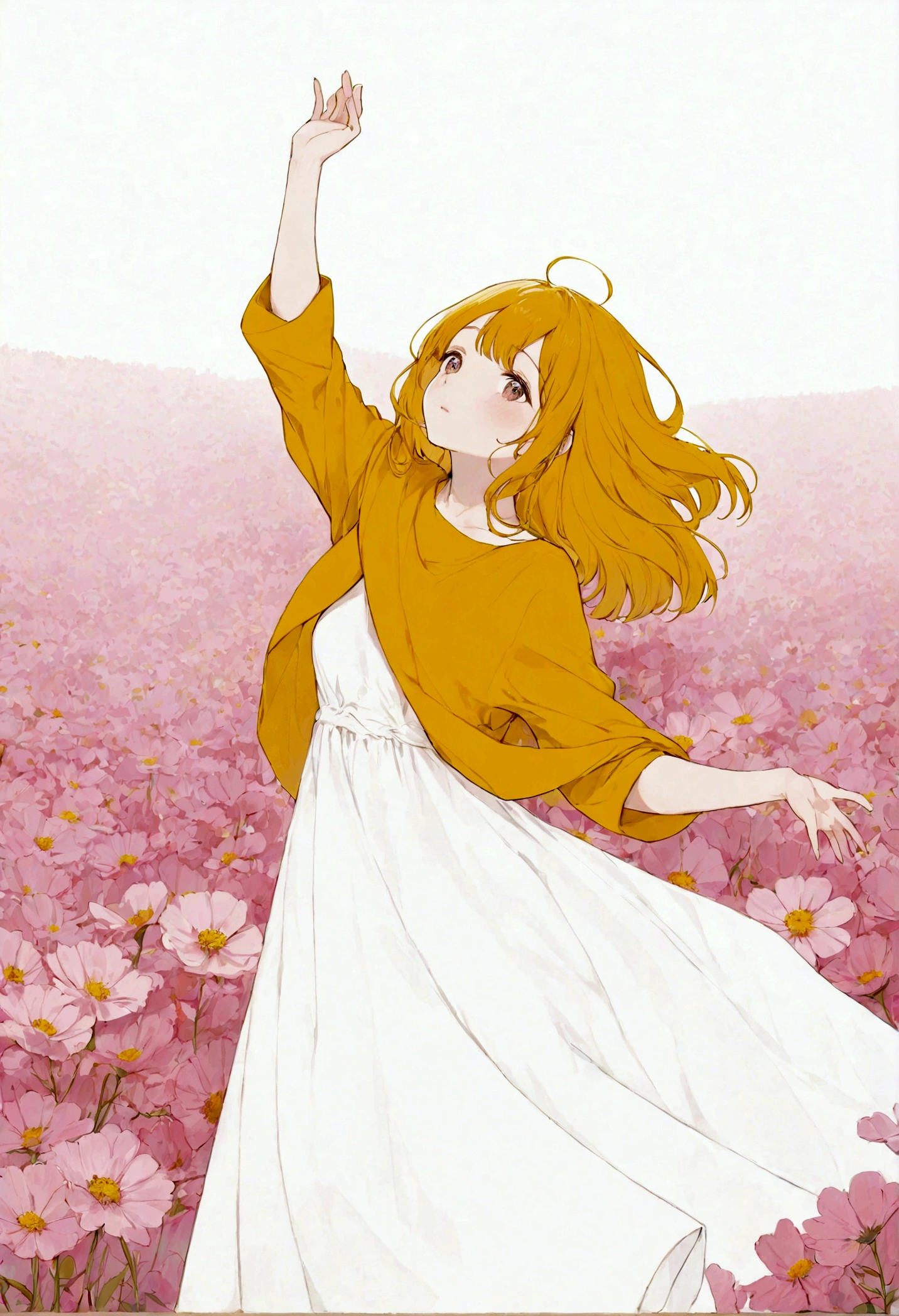 A goddess with long, straight beige hair in a white dress The background is a pink flower field