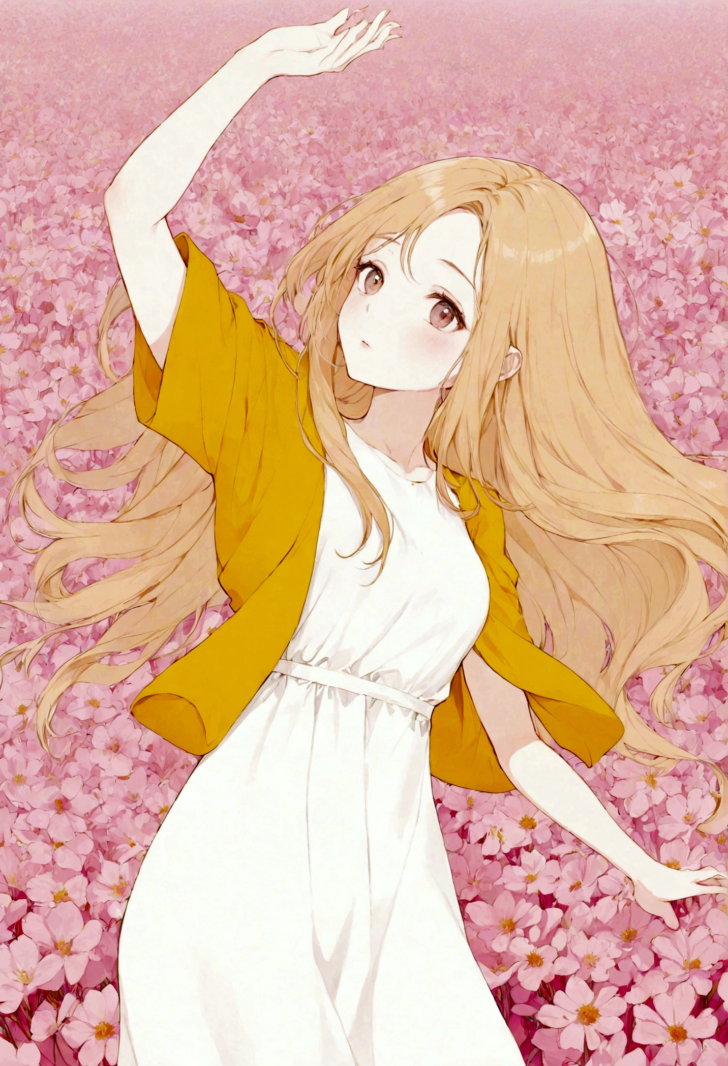 A goddess with long, straight beige hair in a white dress　The background is a pink flower field