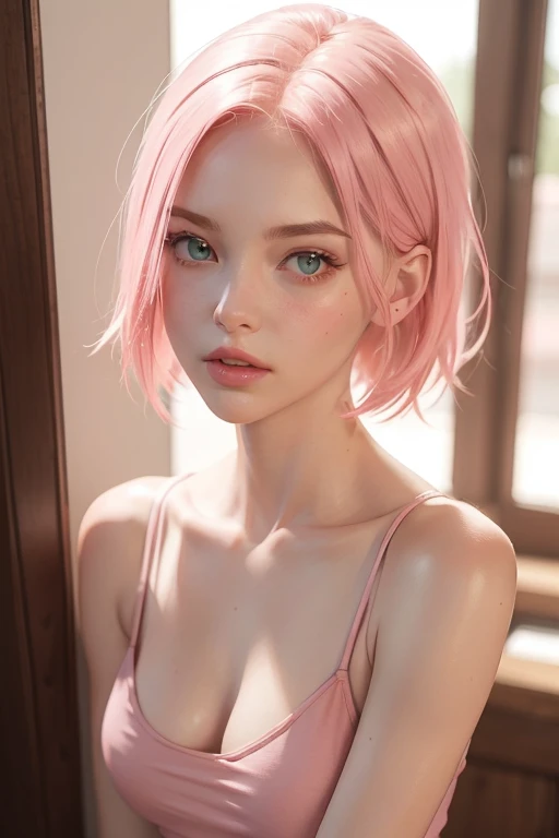 young woman, short shoulder-length pink hair, wide forehead, porcelain skin, pink eyebrows, big emerald green eyes, buttoned nose, full lips, heart-shaped face, slender body, small breasts, red tank top, Sakura Haruno , realistic, realism, details, 3d, well detailed
