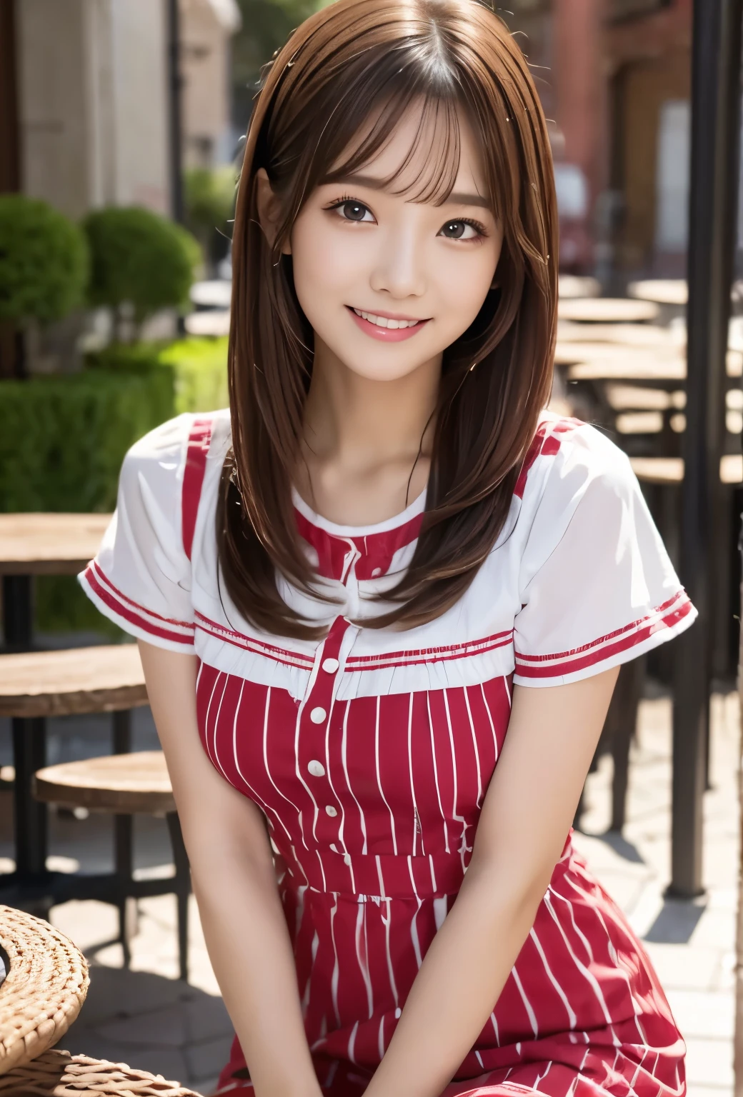 (masterpiece, best quality:1.1), (8k, raw photo, photo realistic:1.2, f22), (shiny skin), detailed skin,long pink hair,ribbon,detailed face, detailed eyes,smile,BREAK, real world, intricate details, smil, BREAK, 1girl, full body,(shortsleeve,stripe pattern,dress,red),BREAK, (table:1.4)