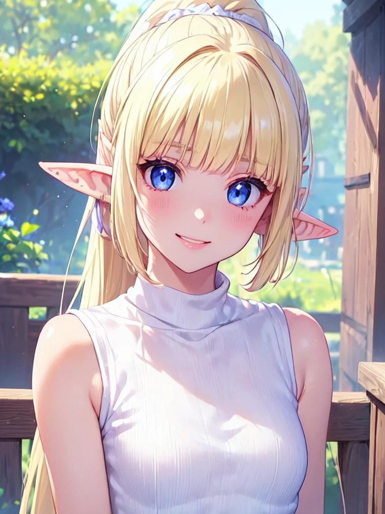 Very close、((Focus on the upper body))、16k、masterpiece、High resolution、High resolution、((1 young elven female))、((Beautiful white skin))、((Beautiful blonde))、((Small breasts))、ponytail、((Beautiful Blue Eyes))、((Pointy Ears))、Smiling Kindly、Grin、blush、Pink Lip Gloss、Shiny skin、((Sleeveless Summer Sweater))、In a crowded city、Courting me