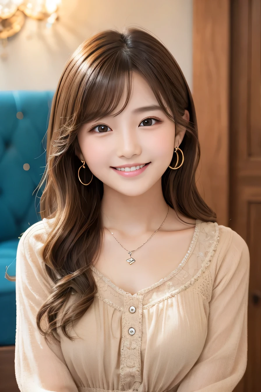 Young woman 、 Korean women、Light brown hair、Wavy Hair、short hair、ear piercing、Necklace around the neck、blouse、smile, Beautiful teeth alignment、Intricate details, Very detailed:1.2), 、 Looking into the camera,The background is in the room