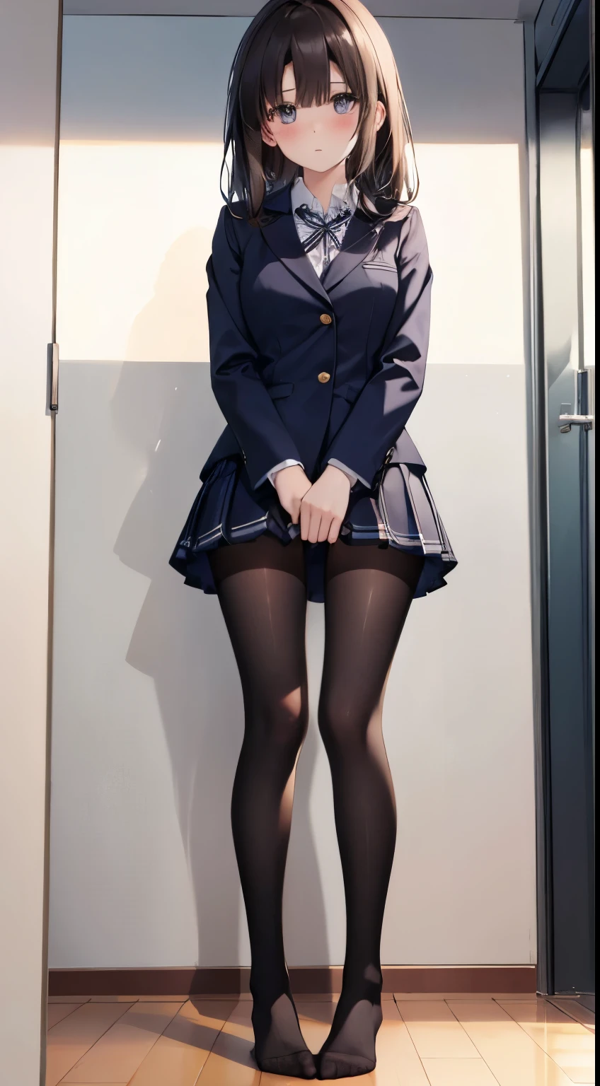 finest, masterpiece, High resolution, (Full body view from head to toe), Composition from slightly below the front, Symmetrical, 18 years old, slim and beautiful girl, alone, (small breasts), (not wearing shoes),Unkempt brown hair, bangs, (black tights), (black pantyhose), tied up with both arms hidden behind the back, , blush, shy big eyes, looking at camera, blazer uniform, plaid pleated skirt、Panties around ankles、Black knee-high socks