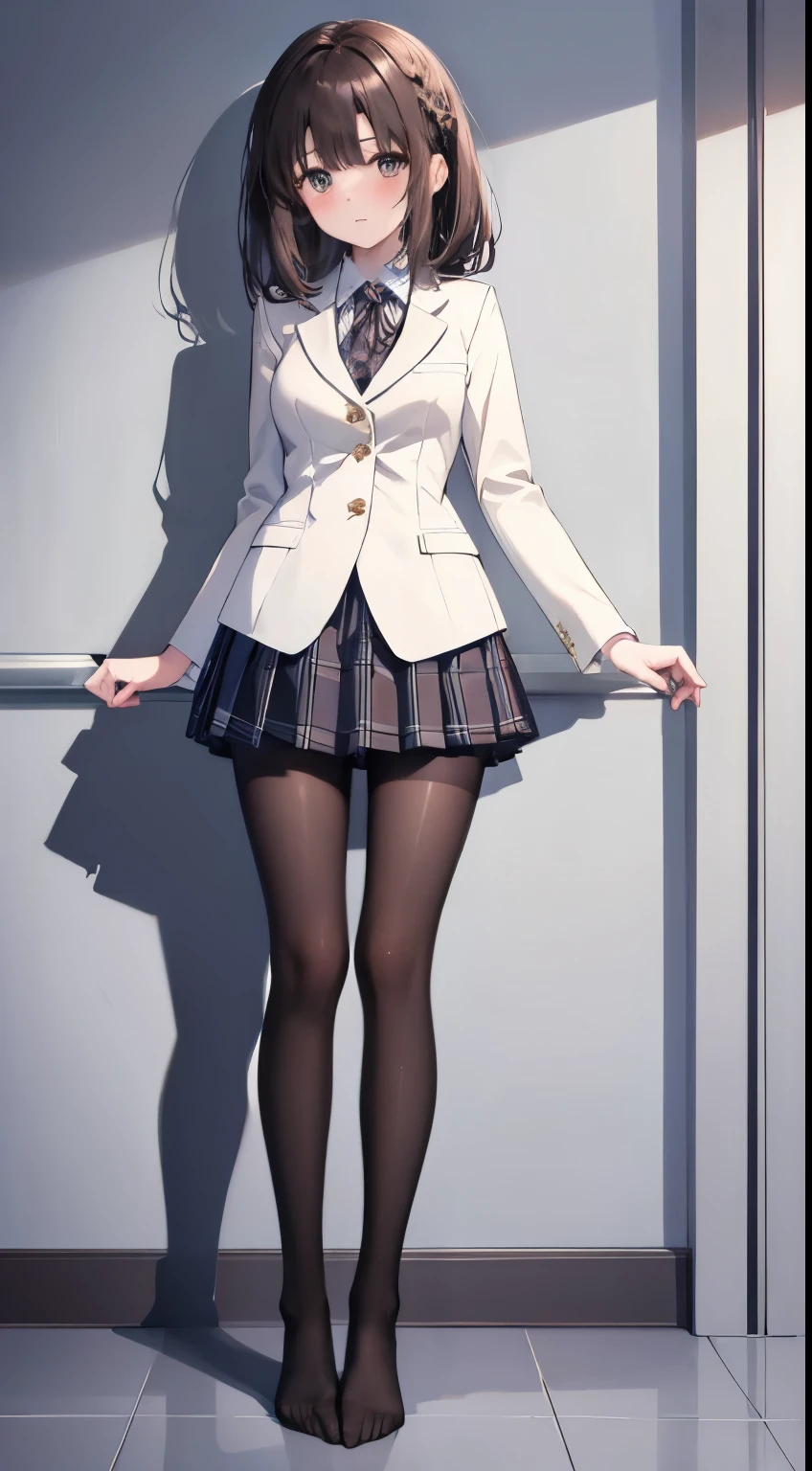 finest, masterpiece, High resolution, (Full body view from head to toe), Composition from slightly below the front, Symmetrical, 18 years old, slim and beautiful girl, alone, (small breasts), (not wearing shoes),Unkempt brown hair, bangs, (black tights), (black pantyhose), tied up with both arms hidden behind the back, , blush, shy big eyes, looking at camera, blazer uniform, plaid pleated skirt、Panties around ankles、Black knee-high socks