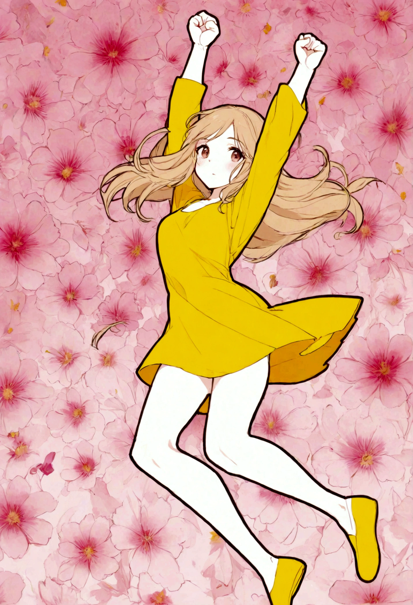 A goddess with long, straight beige hair in a white dress jumping and doing a fist pump The background is a pink flower field