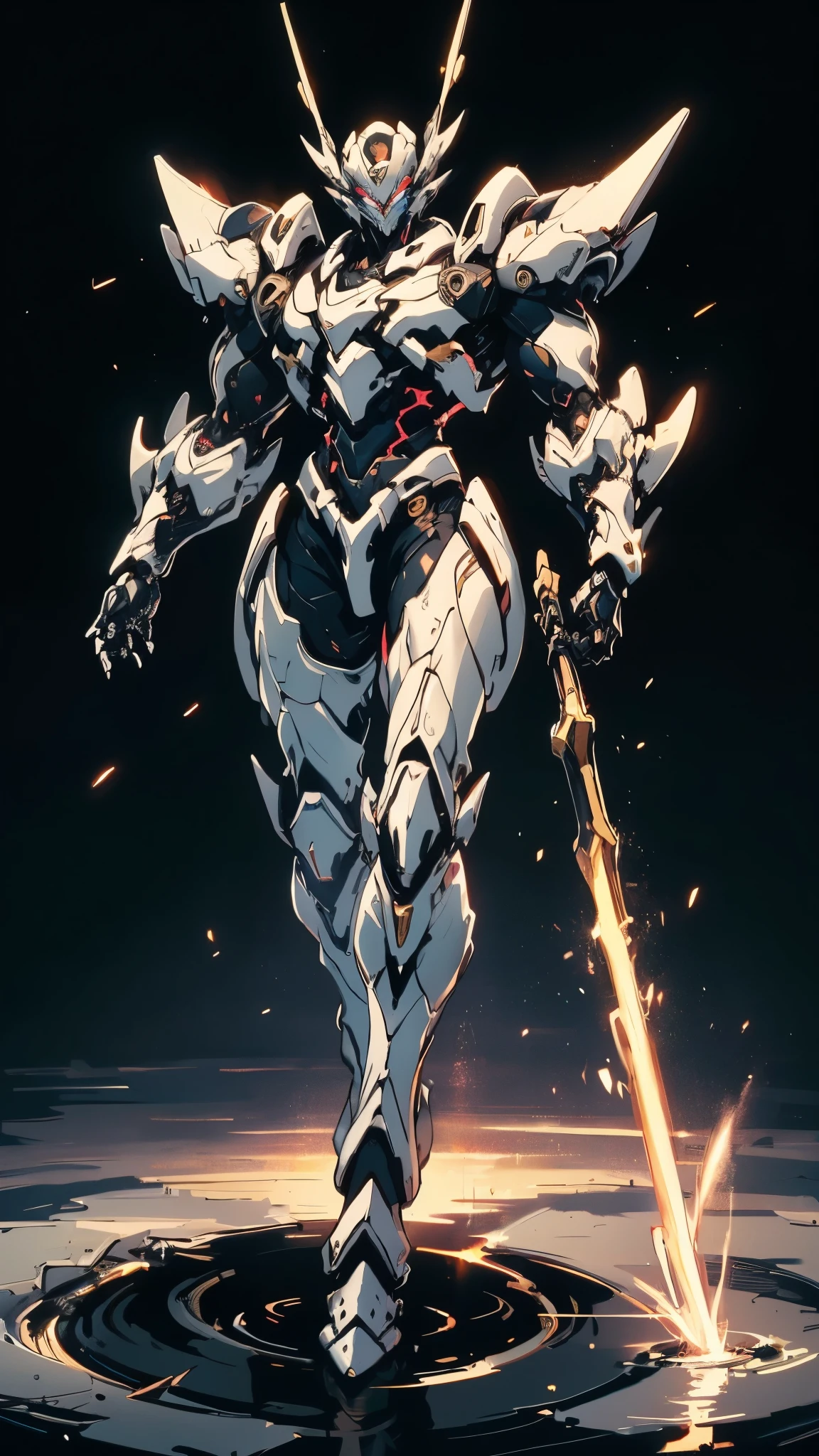 Humanoid Mecha, fully enclosed shoulder guards, matching arm and leg guards, full body, full armor, the design balances heavy with agility, (the color scheme is primarily white with red and blue accents, the concept Inspired by Super robot, organic biotech armor, standing, floating high above the futuristic sci-fi city), exquisite and mature art style, (aura effect, energy, glowing eyes, the armor glows), ((SRS)), metallic, dynamic, dramatic, high definition, best quality, highres, ultra-detailed, ultra-fine painting, extremely delicate, professional, perfect body proportions, anatomically correct, symmetrical face, extremely detailed eyes and face, high quality eyes, creativity, RAW photo, UHD, 32k, Natural light, cinematic lighting, masterpiece-anatomy-perfect, masterpiece:1.5