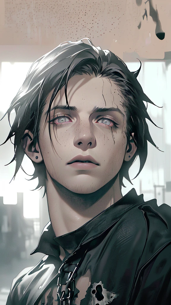 a gloomy emo boy,
messy black hair, pale skin, dark clothes, brooding expression, moody lighting, chiaroscuro, dramatic shadows, dark color palette, gritty grunge style, industrial background, urban decay, (best quality,4k,8k,highres,masterpiece:1.2),ultra-detailed,(realistic,photorealistic,photo-realistic:1.37)