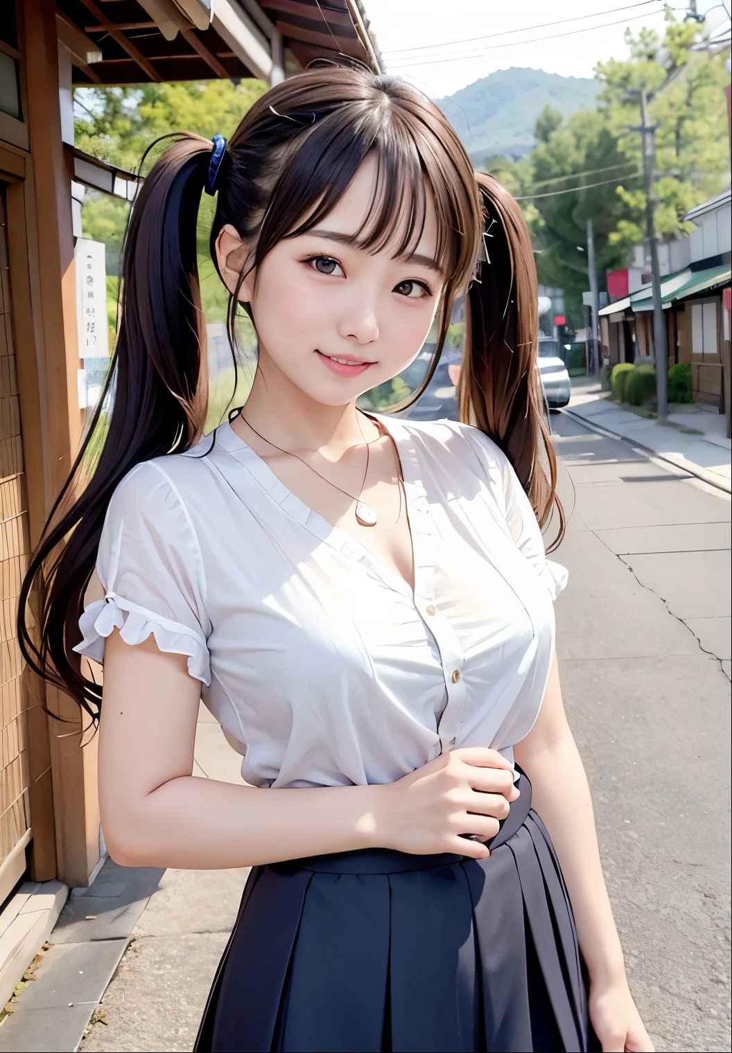 (highest quality,masterpiece:1.3,Ultra-high resolution),(Very detailed、Caustics) (Realistic:1.4, RAW shooting、)Ultra-Realistic Capture、Very detailed、Natural skin texture、masterpiece、(Japanese woman wearing a blouse shirt and skirt:1.3), Adorable expression、Expressions of happiness、、height: 160cm、Young Face、Amazingly cute、Twin tails、Straight hair、Scrunchie、Black Hair、light makeup、necklace、H-cup busty、Shining thighs、Background details、smile、An inviting gaze、Anatomically correct、Cowboy Shot、Attention to detail、Photographed on the main street of a summer resort、Empty Hands、
