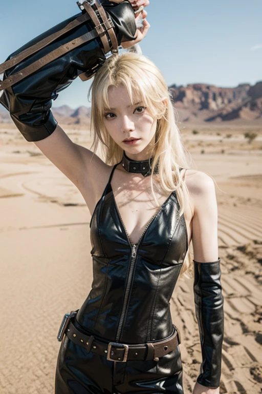 girl, Leather Fashion, Bondage, Blonde, Platinum Blonde, 
Mad Max風の衣装コスプレ, skinny, slender,
 Exposed leather, 黒茶色のBondageレザー, 
Dry Moorland, sunshine, Outdoor, オーストラリアのdesert, desert, 
Dirty and worn-out modified car, Mad Max, 
ボロボロのBondage, Dirty Leather, 破れたBondage, 
