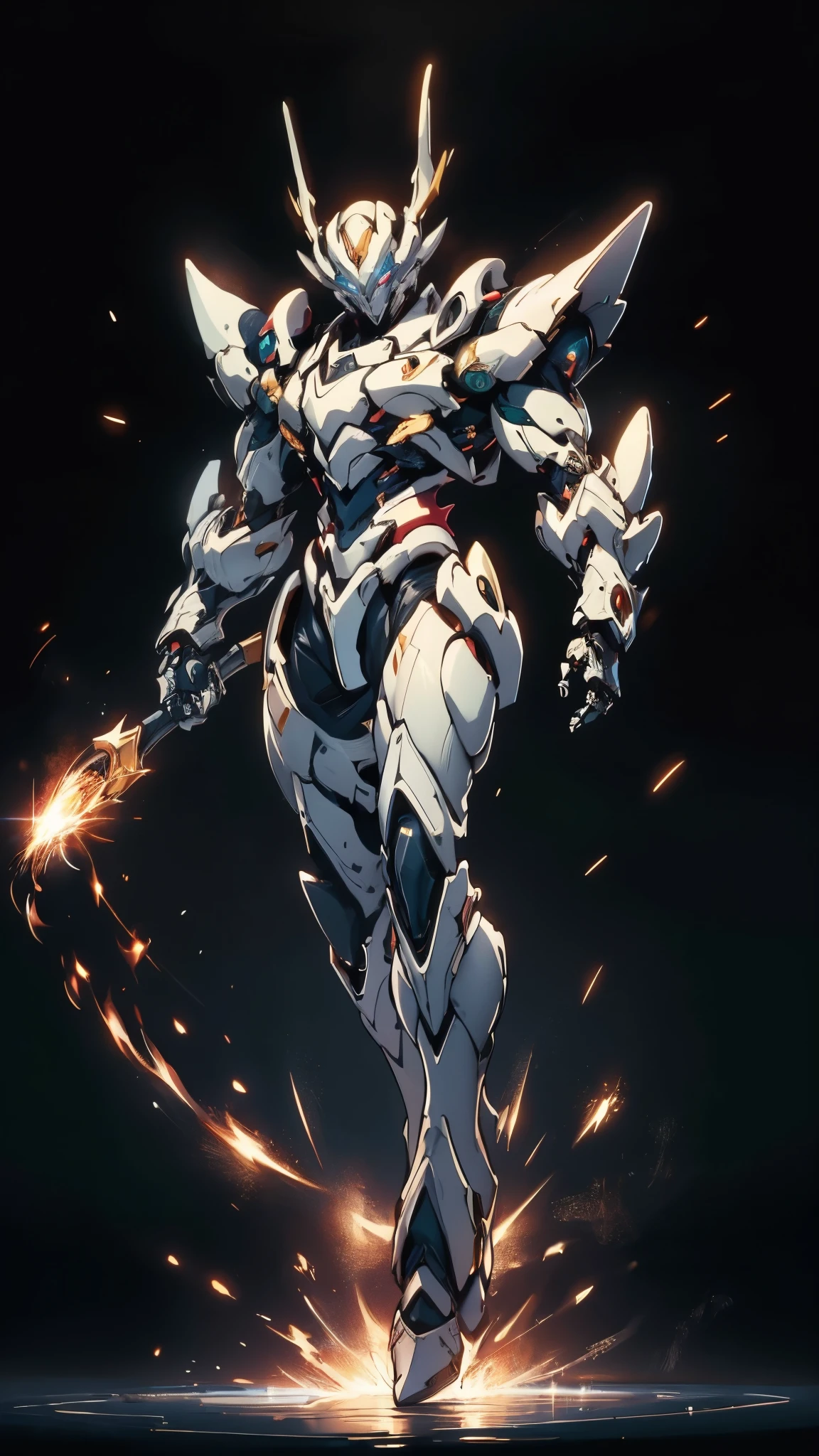 Humanoid Mecha, fully enclosed shoulder guards, matching arm and leg guards, full body, full armor, the design balances heavy with agility, (the color scheme is primarily white with red and blue accents, the concept Inspired by Super robot, organic biotech armor, standing, floating high above the futuristic sci-fi city), exquisite and mature art style, (aura effect, energy, glowing eyes, the armor glows), ((SRS)), metallic, dynamic, dramatic, high definition, best quality, highres, ultra-detailed, ultra-fine painting, extremely delicate, professional, perfect body proportions, anatomically correct, symmetrical face, extremely detailed eyes and face, high quality eyes, creativity, RAW photo, UHD, 32k, Natural light, cinematic lighting, masterpiece-anatomy-perfect, masterpiece:1.5