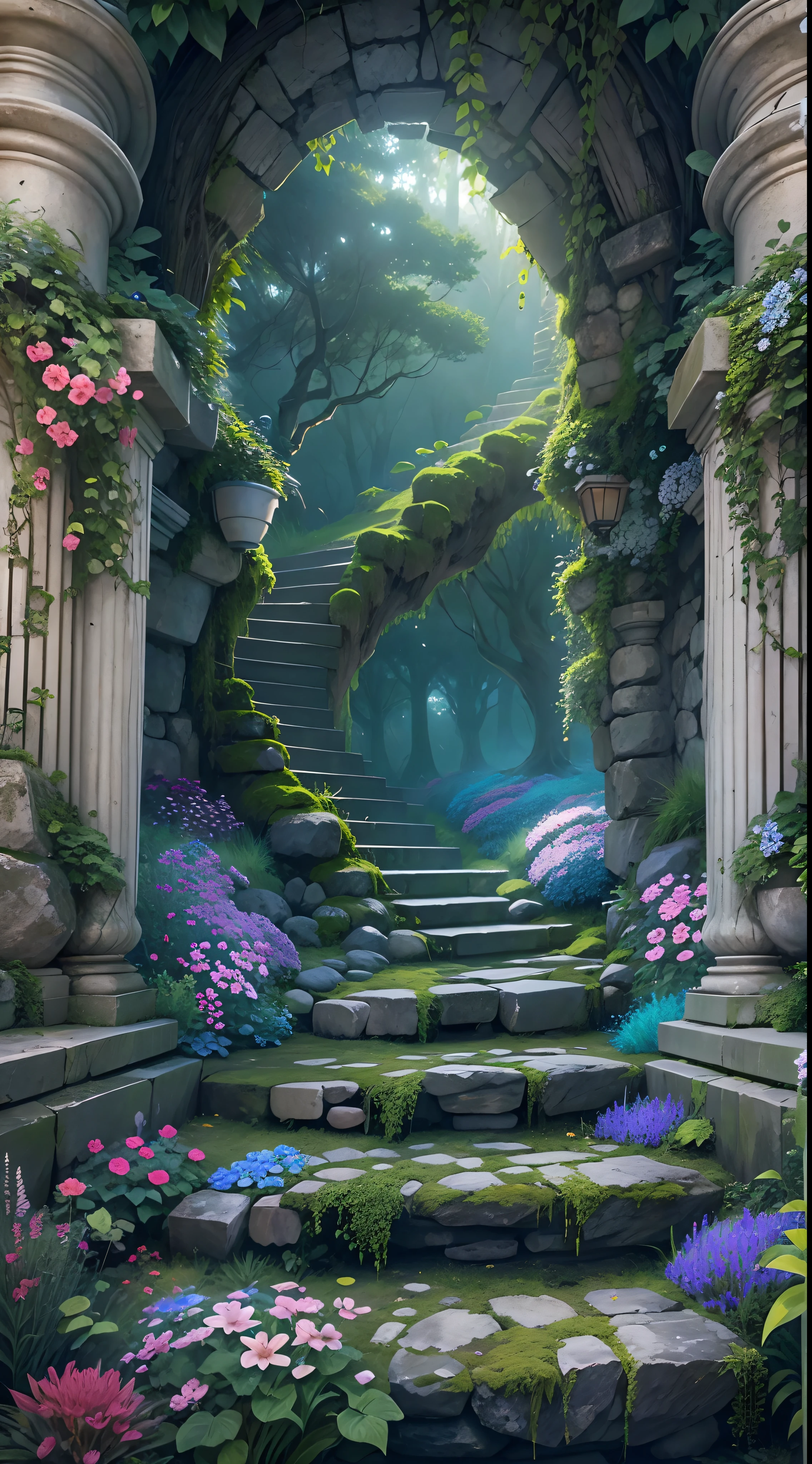 piedra, Una escalera hacia el cielo azul cubierto de flores y musgo., madrugada, Extraordinary garden with flowers and leafy trees., Dew drops on foliage, fresco, 4k, 8K, full HD, ultradetalle, Textural, double exposure, luz, octanos