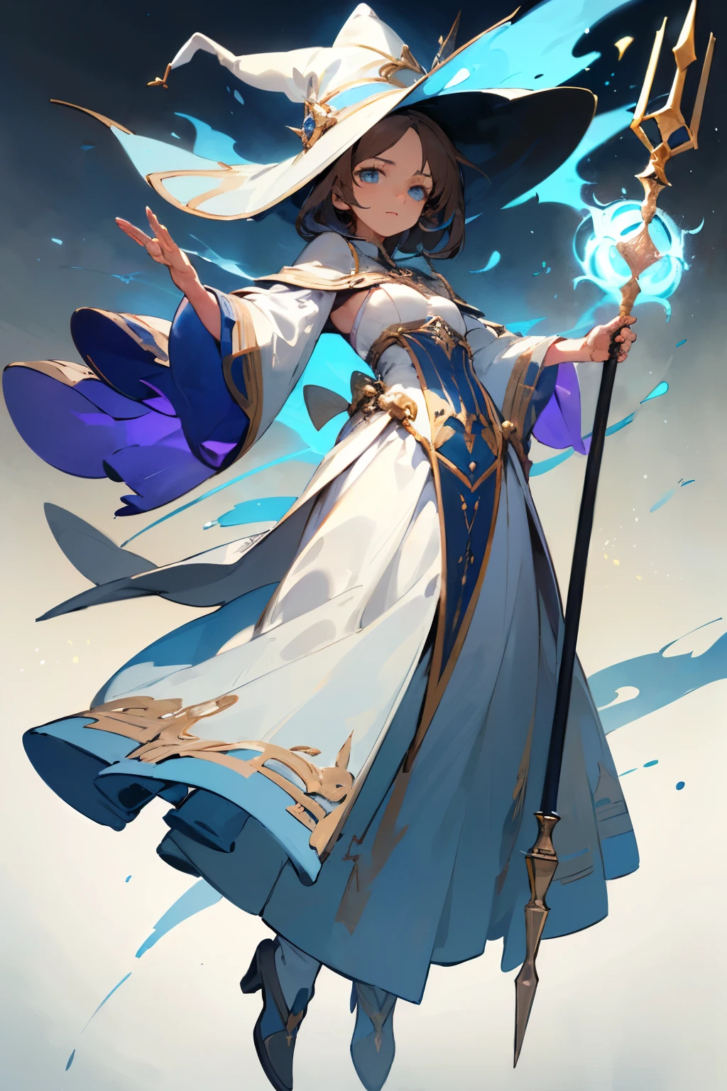 ((Fantasy white witch)), ((big witch hat)), ((sky blue eyes)), (light brunette skin), (short dark brown hair), (small breasts), (thin), (gentle expression), (154 cm), ((great healer staff on left hand)), ((arcane tome on right hand)), ((conjuring Dynamic pose)), ((best quality)), ((masterpiece)), (detailed), ((Perfect detailed face)), Full body.