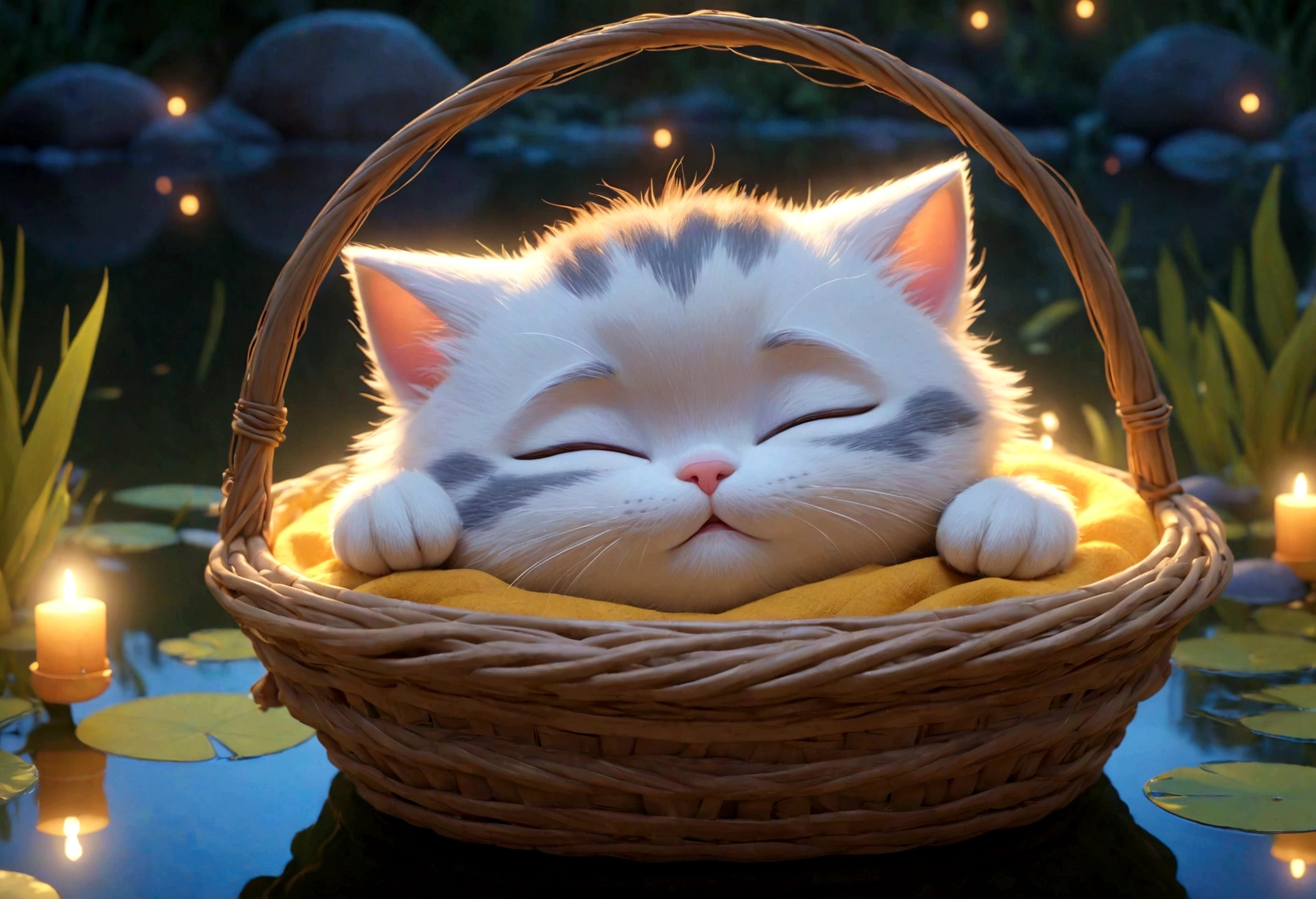 Disney Pixar cartoon character, chibi, sleeping, eyes closed, kitten, cute sleeping, sleeping, in a magical lighted basket floating in a small lake, background with magical glow, unreal engine rendering, 8k