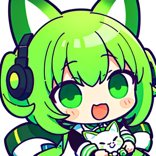 1 children，Short green hair，Green and white cat ears，Black and white jacket，Ear Headphone，Coda，laughing