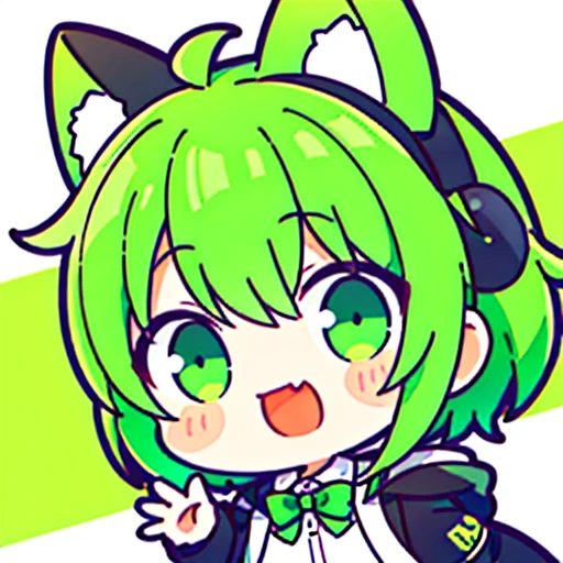 1 ，Short green hair，Green and white cat ears，Black and white jacket，Ear Headphone，Coda，laughing